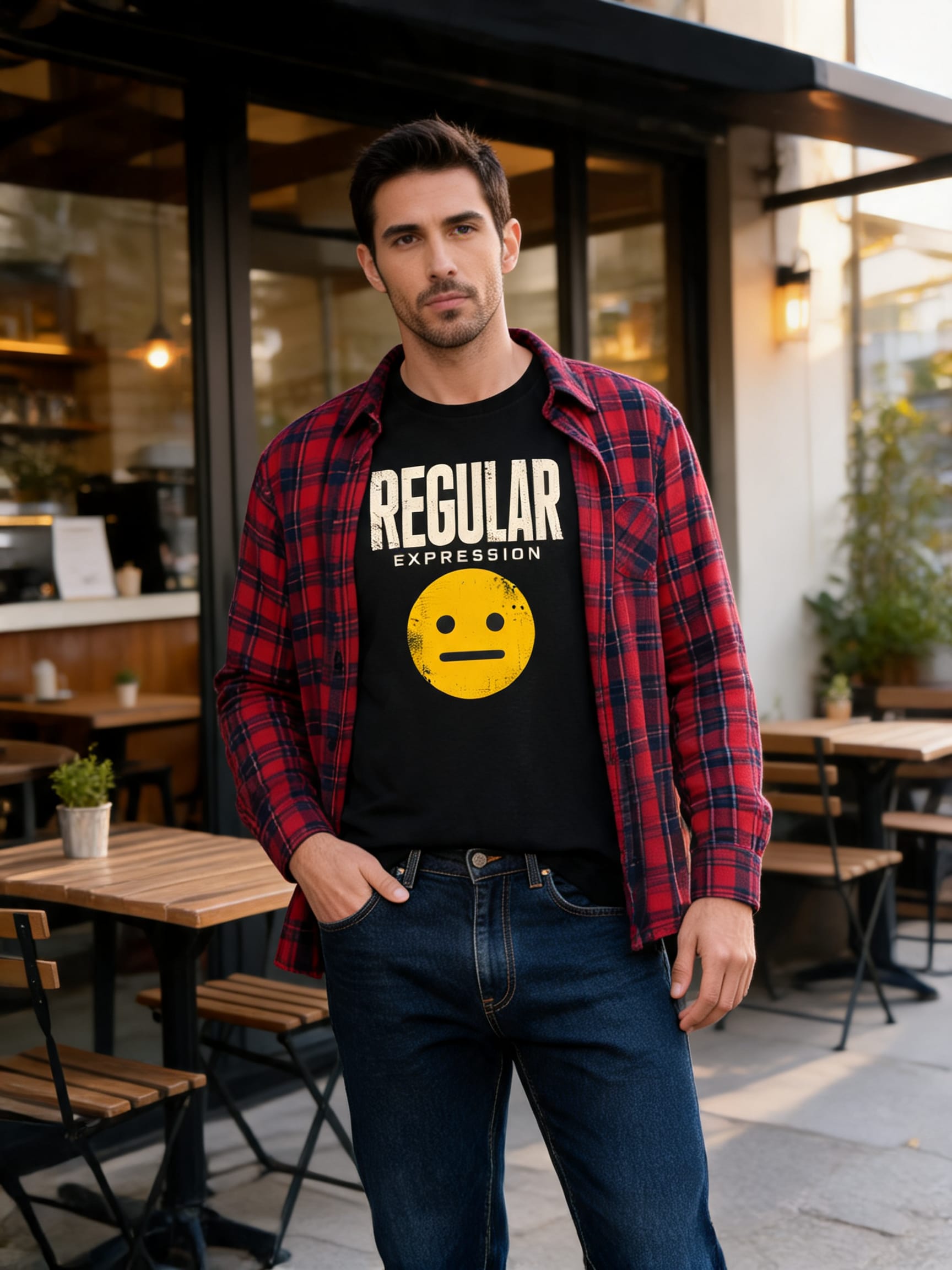 Modelo usando camiseta clássica com sobreposição de camisa xadrez em ambiente urbano