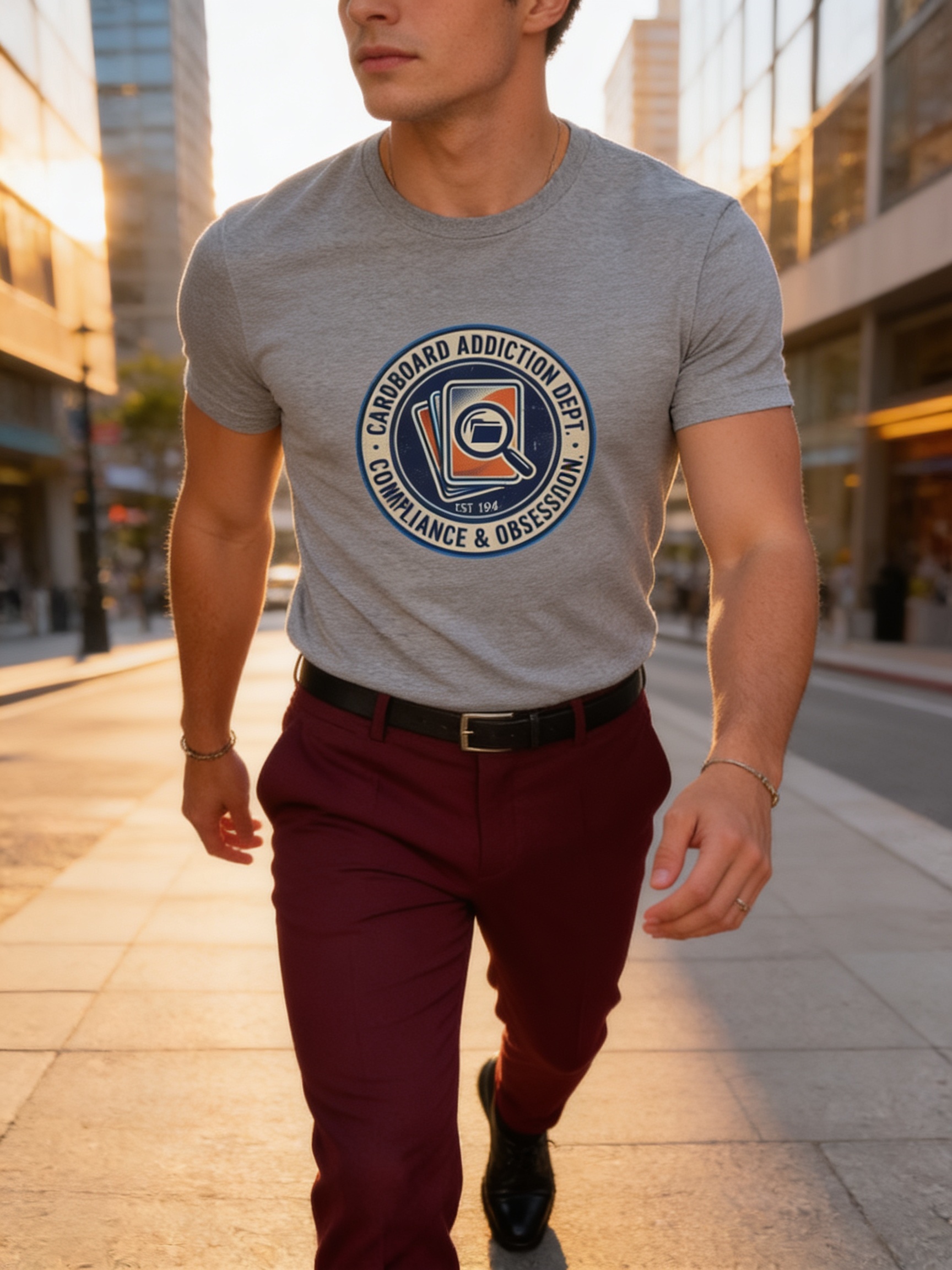 Homem em look contrastado sofisticado com camiseta cinza escura e calça burgundy em ambiente urbano