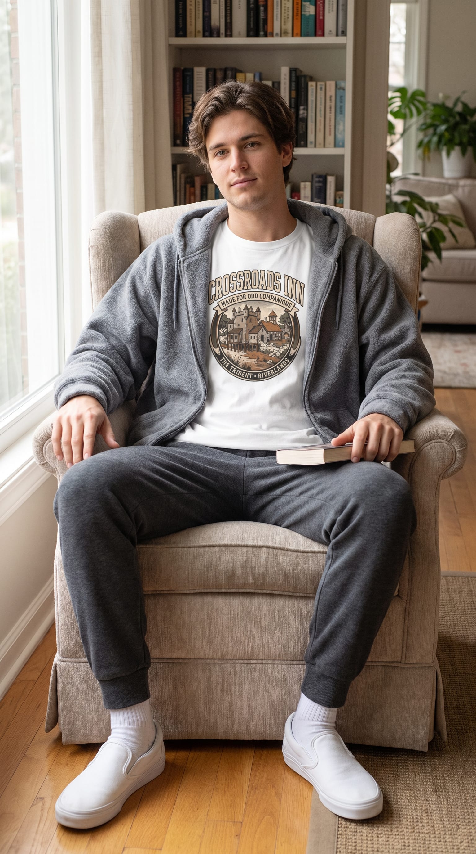 Look cotidiano real com camiseta da Stack em preto combinada com moletom cinza e calça confortável