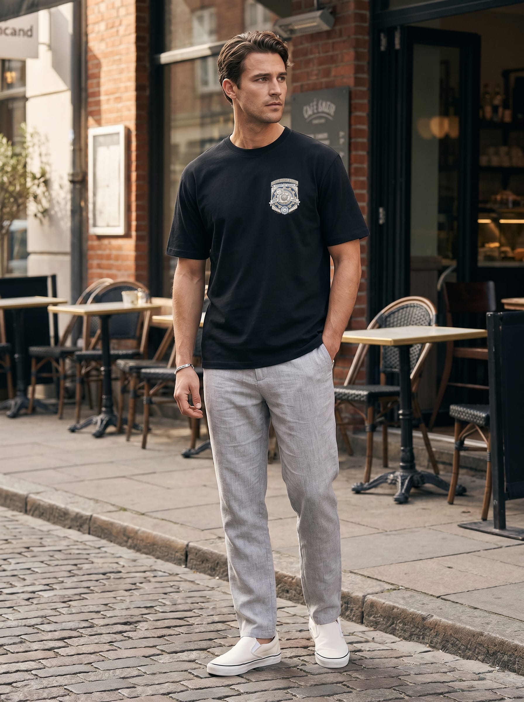 Modelo masculino em ambiente urbano com camiseta em tons pastéis e look minimalista