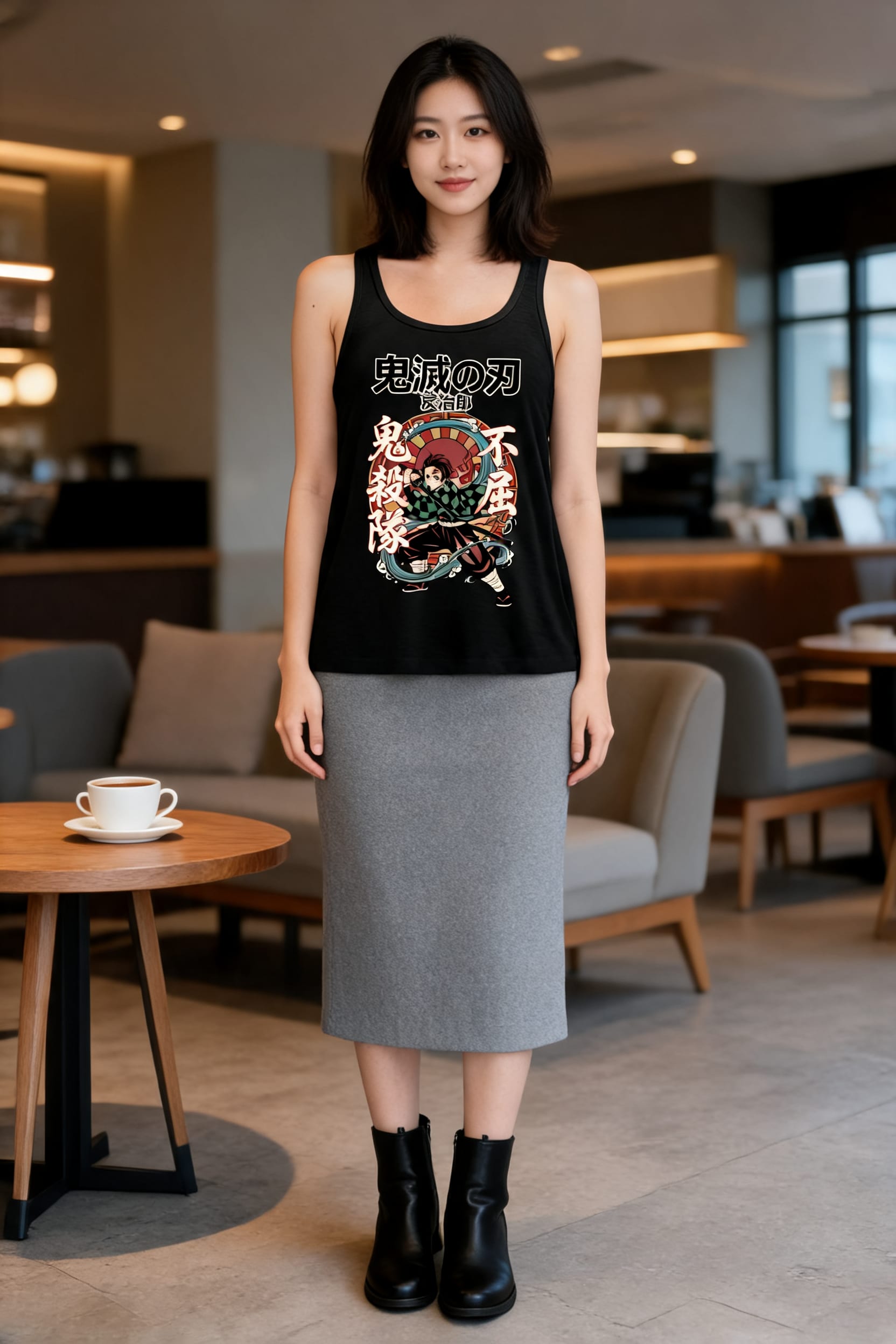 Look casual-chic com camiseta estampada e saia lápis estruturada
