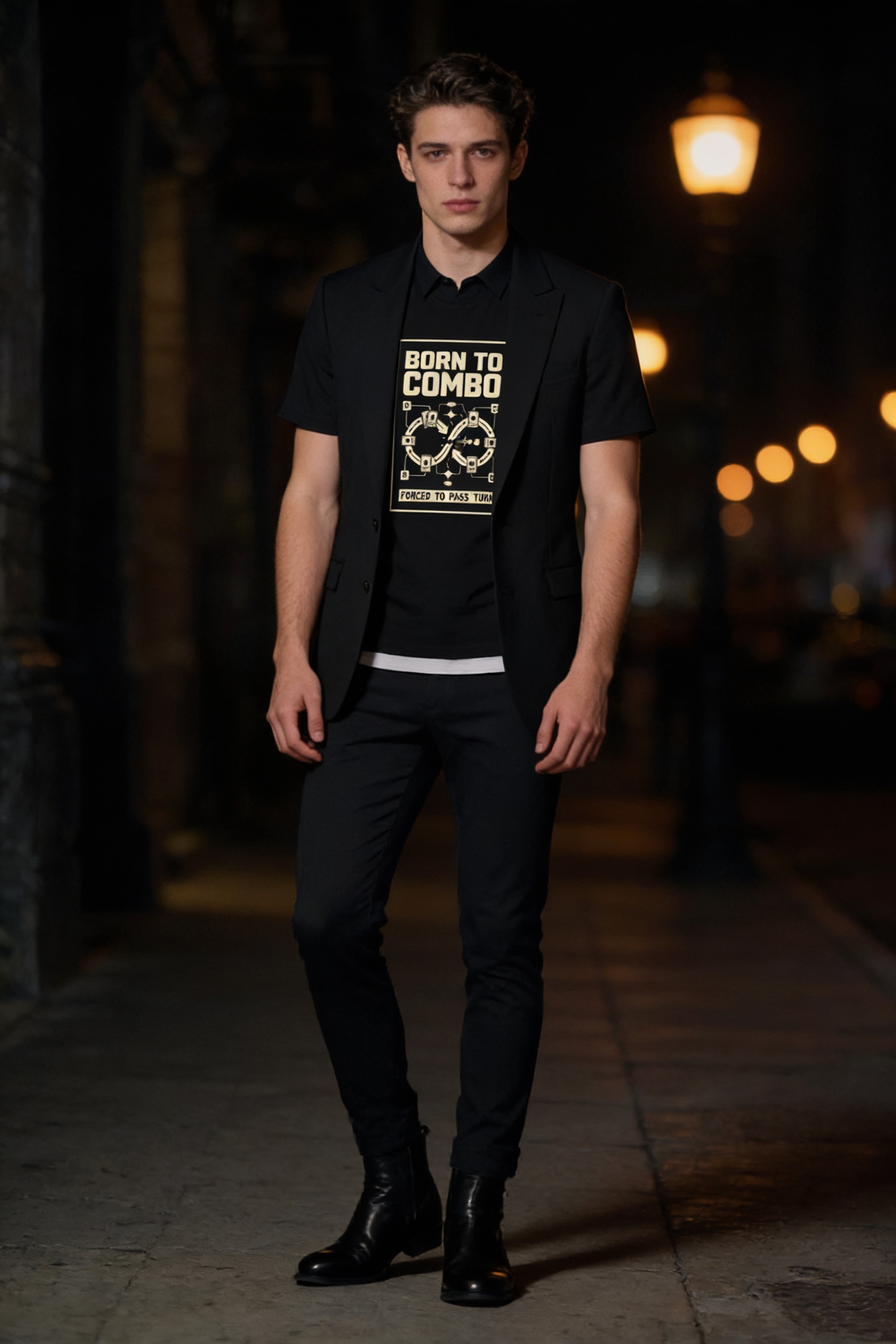 Look noturno sofisticado com camiseta Stack, blazer preto e ankle boot
