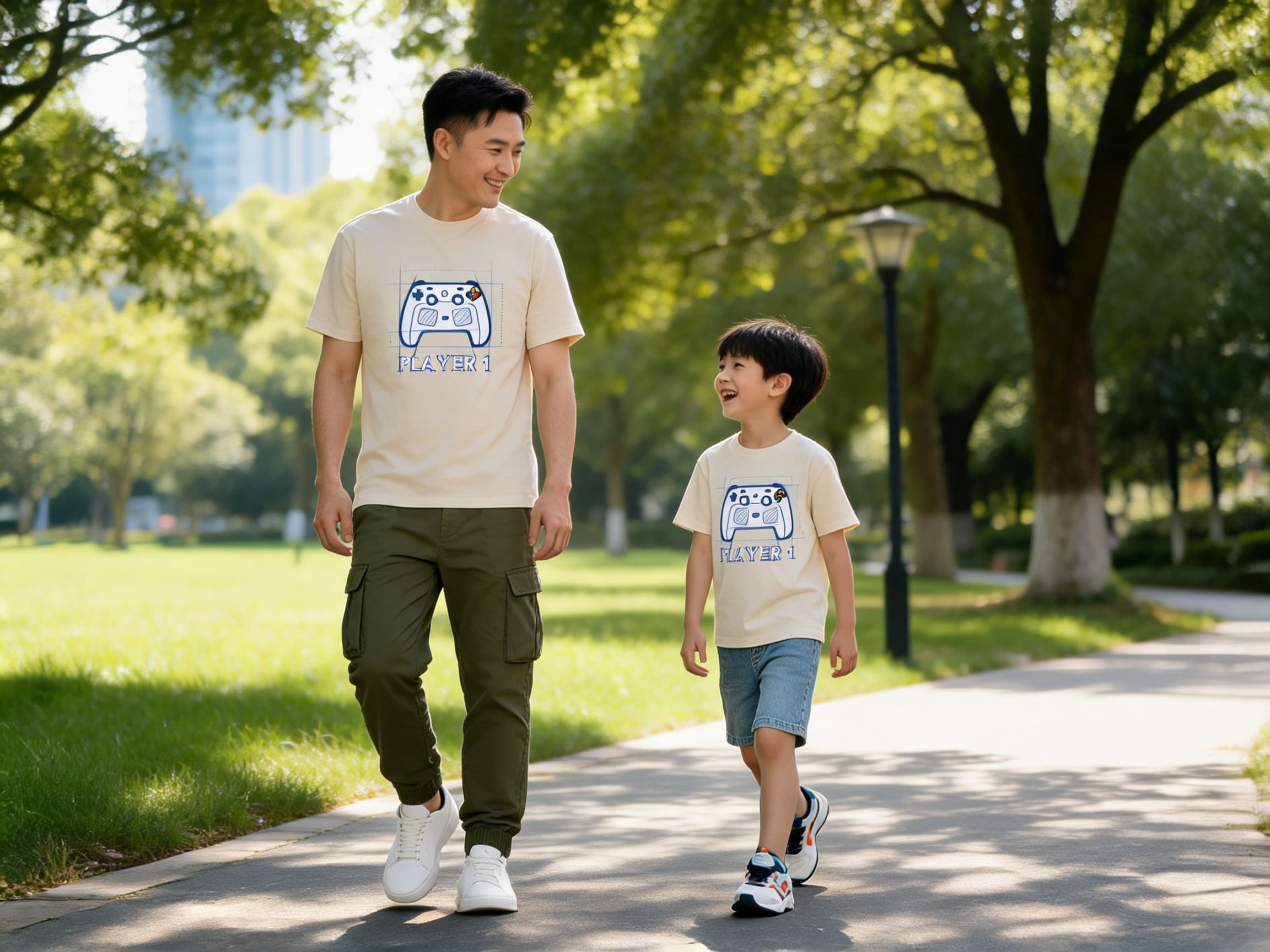 Pai e filho caminhando felizes pela cidade com looks casuais coordenados.