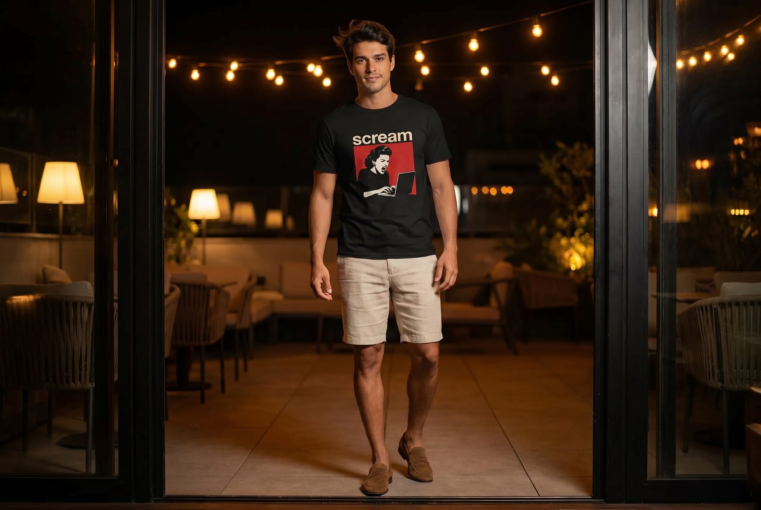 Look noturno elegante com camiseta Stack, bermuda de linho e loafer