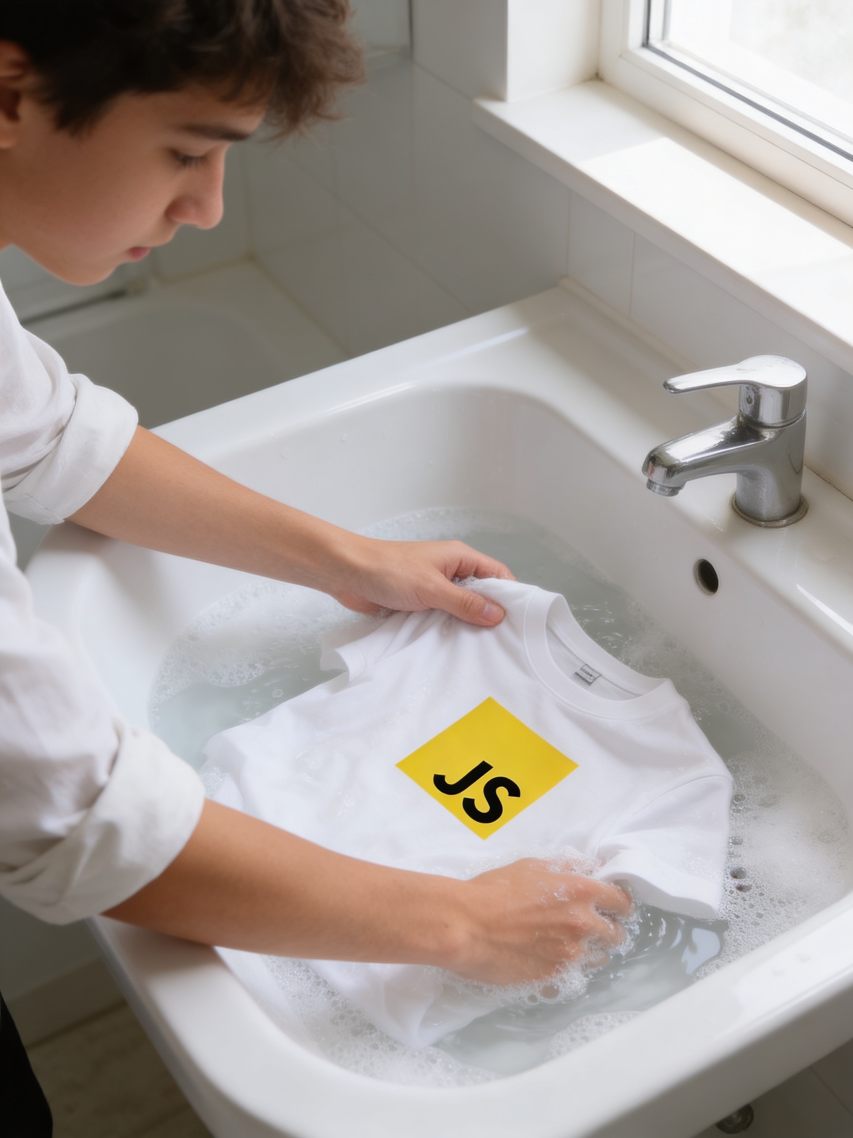 Camiseta Stack sendo lavada à mão com cuidado em uma pia branca