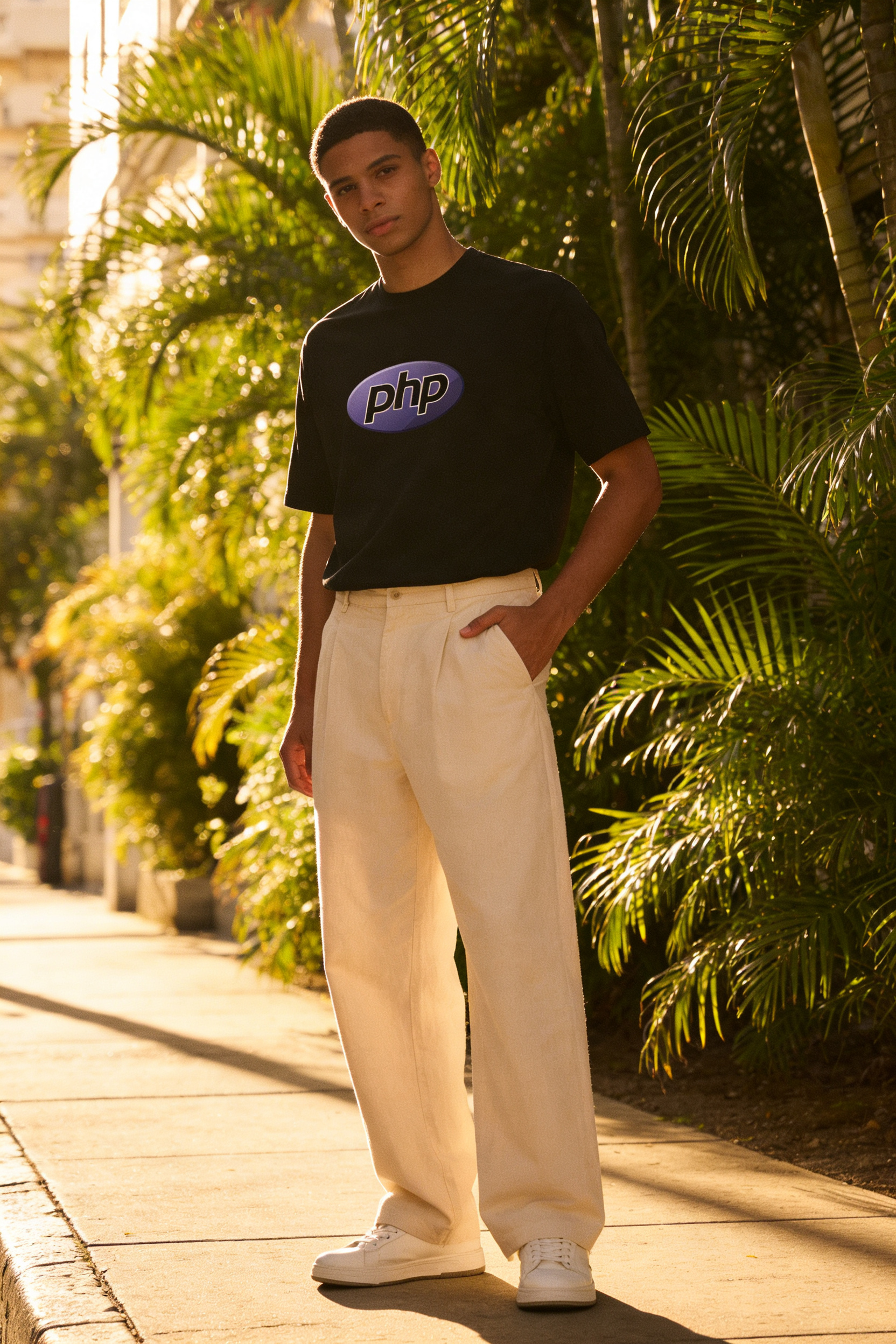 Look com camiseta Stack, cal&ccedil;a de linho bege e t&ecirc;nis branco em dia ensolarado