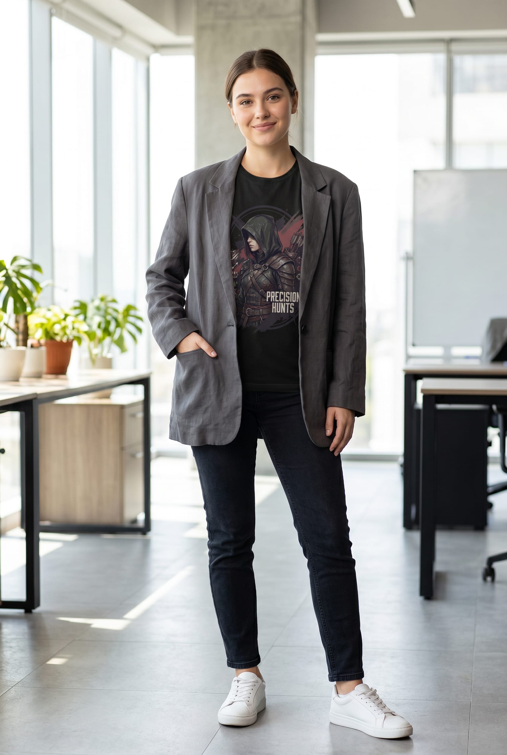 Look casual com camiseta estampada e blazer oversized cinza