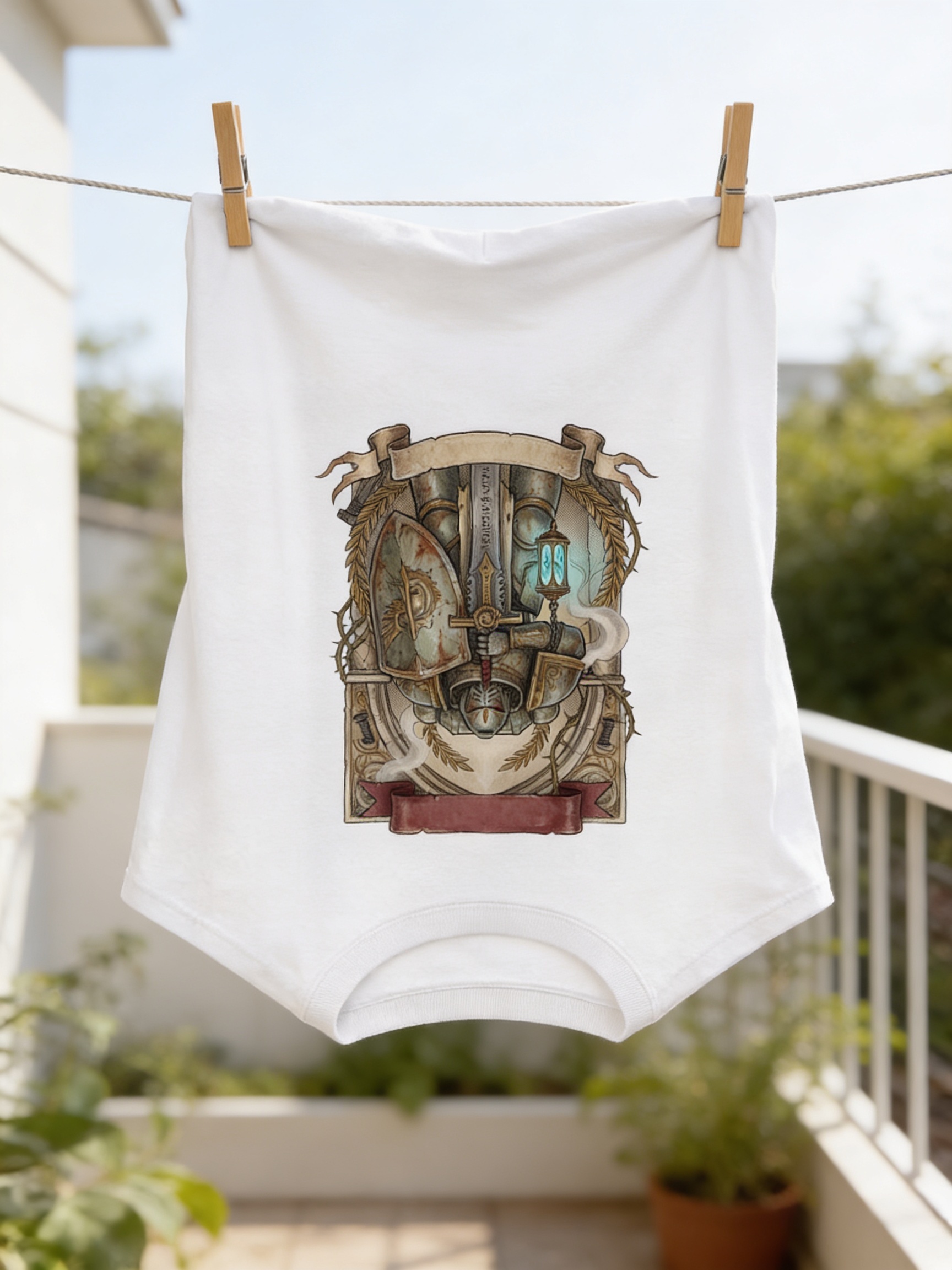 Camiseta Stack pendurada pela barra inferior em varal ao ar livre