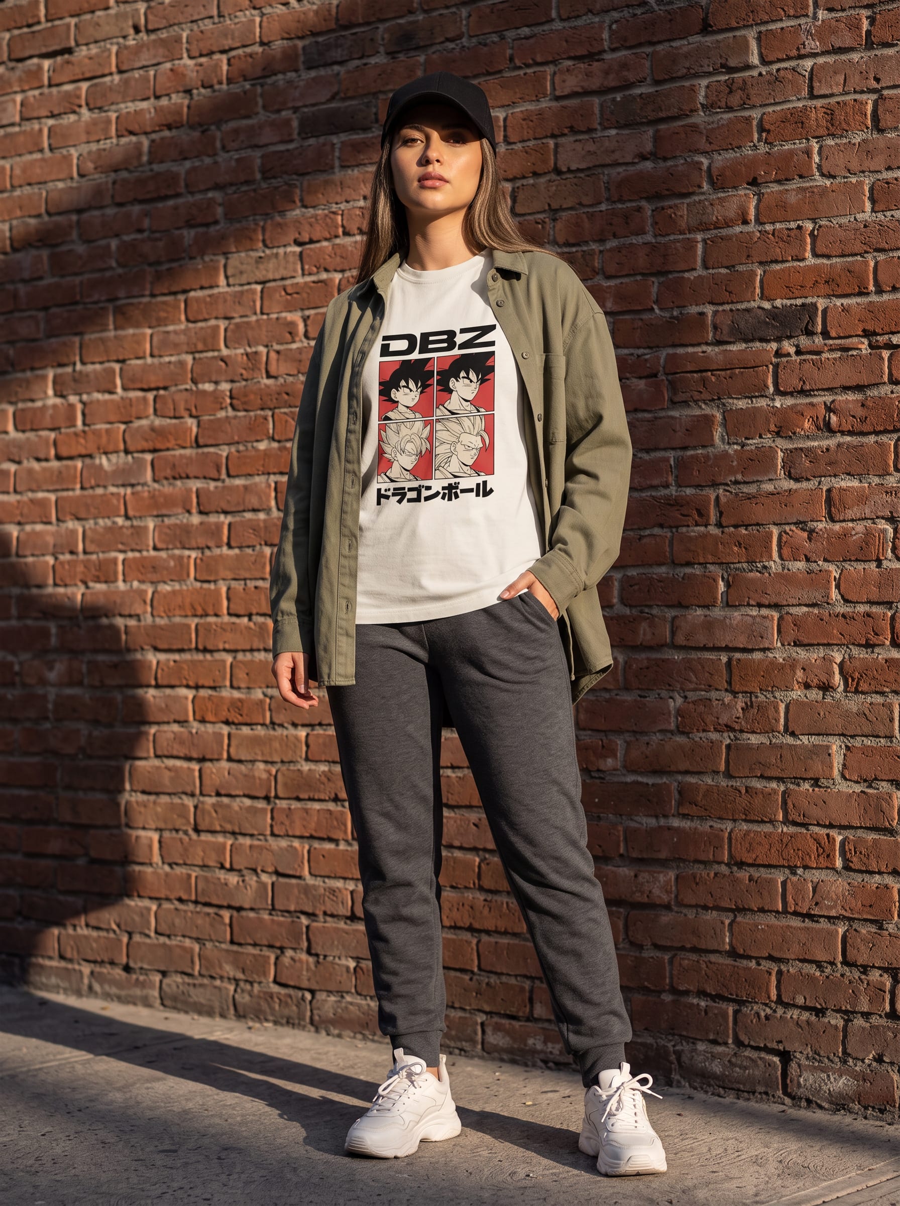 Look urbano streetwear com camiseta estampada, jaqueta oversized e boné