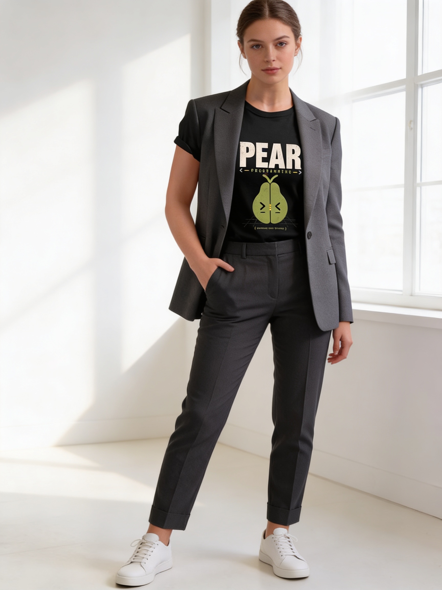 Look de trabalho casual com camiseta Stack e blazer estruturado cinza