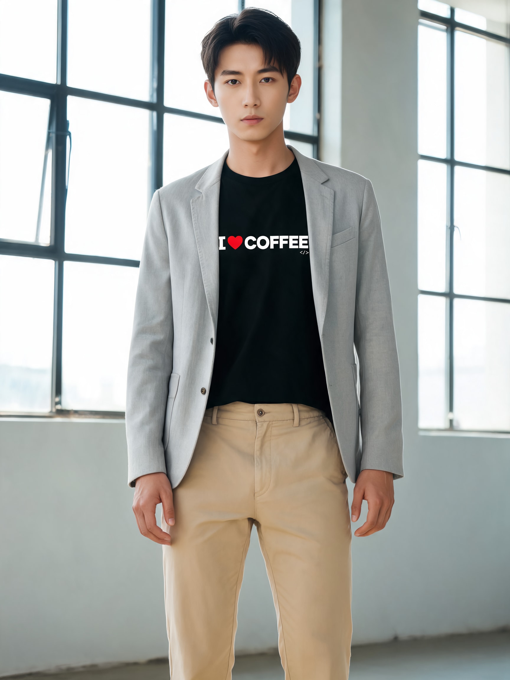 Modelo vestindo camiseta premium sob um blazer casual estruturado, estilo elegante e minimalista