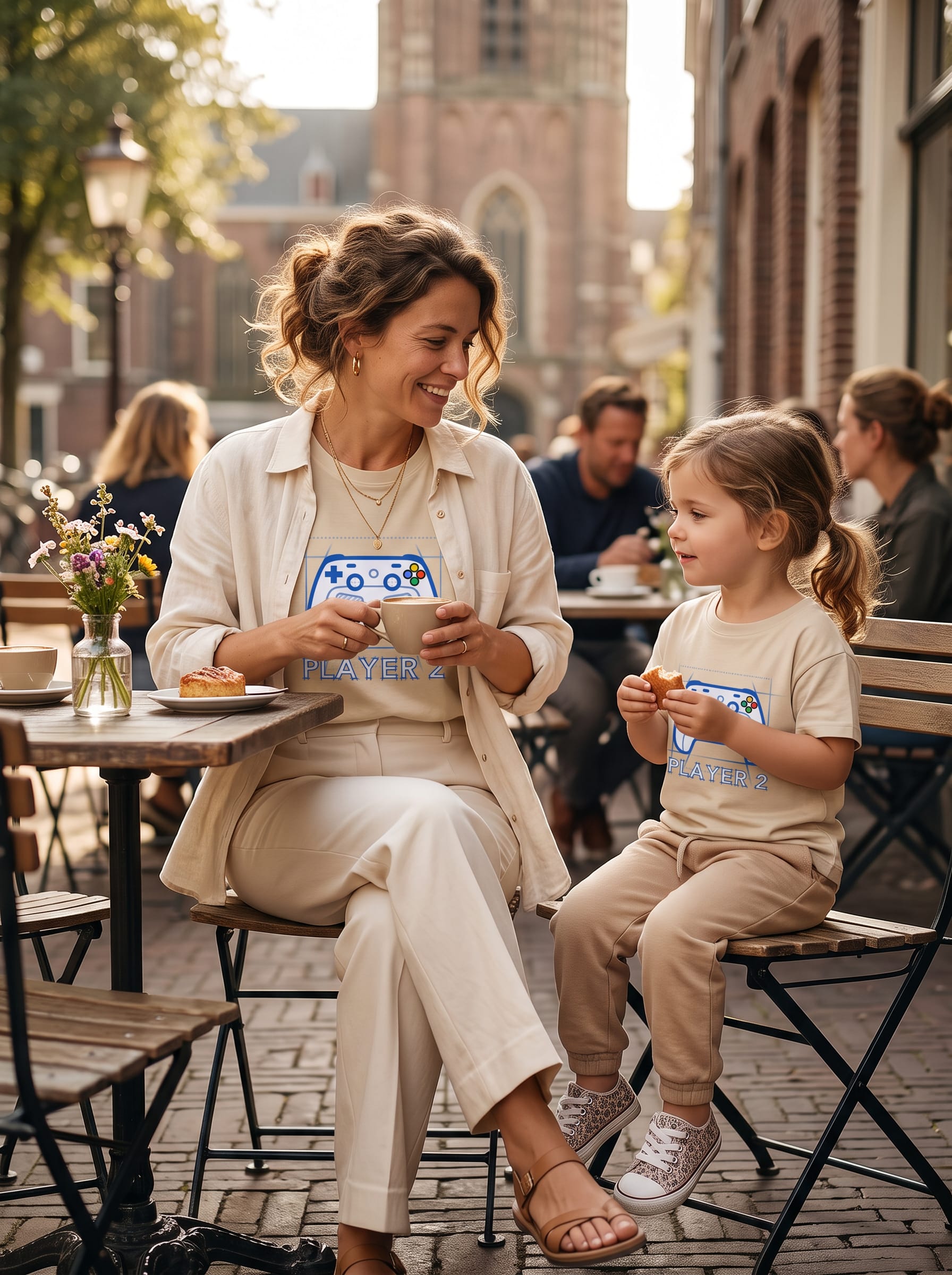 Mãe e filha em um café urbano mostrando como usar camiseta geek com sobreposições modernas.