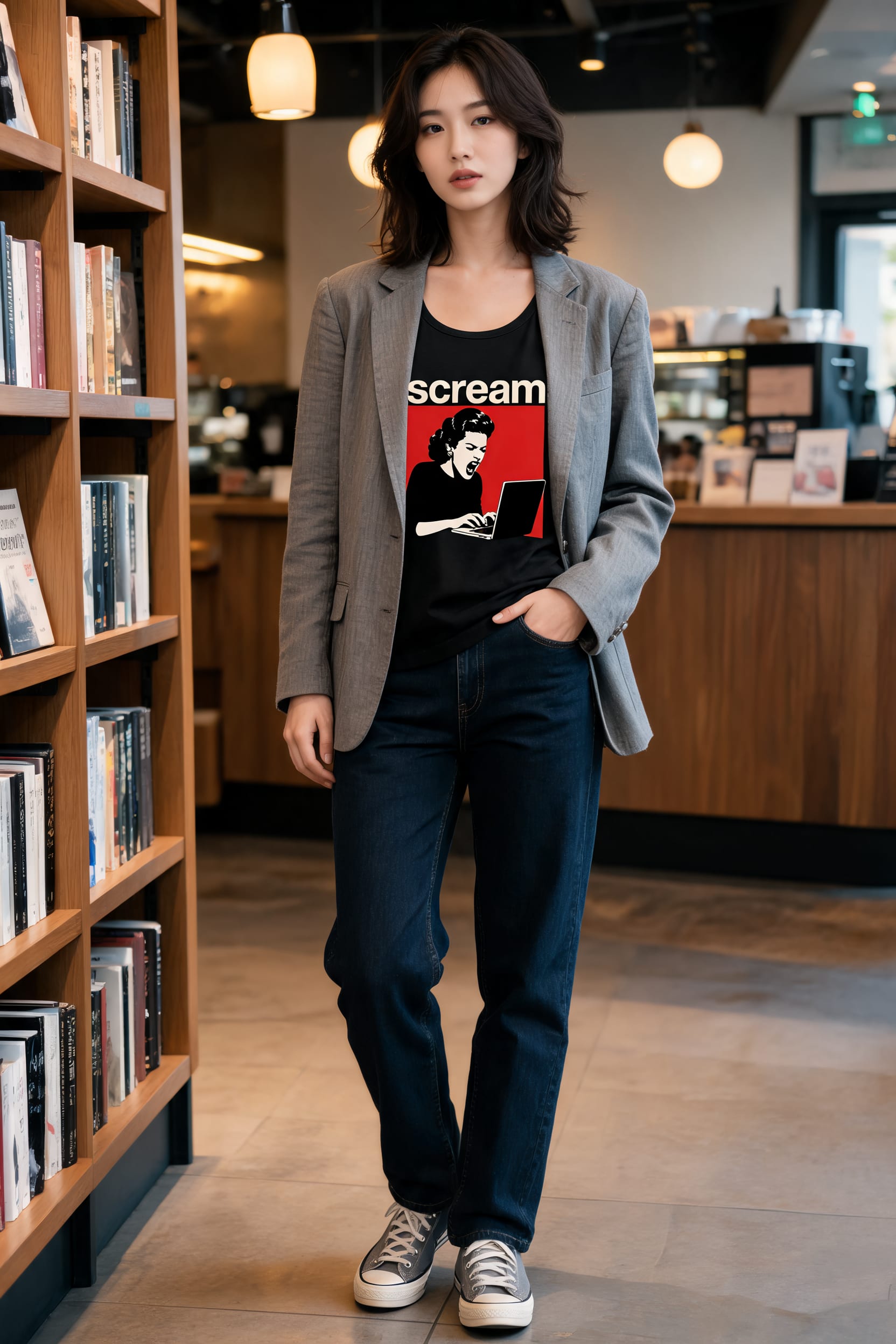 Look casual geek com camiseta estampada combinada com calça jeans escura, blazer cinza e tênis