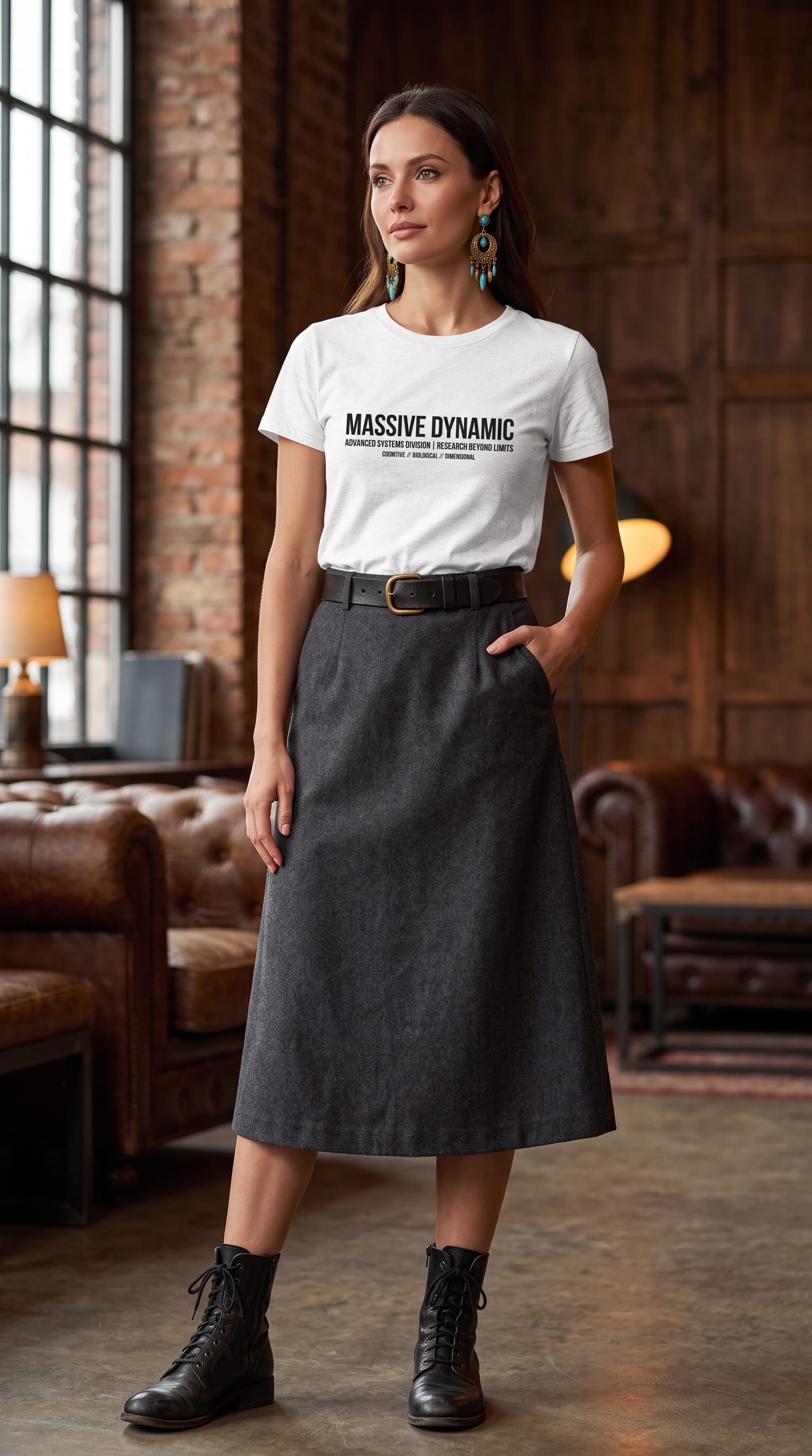 Look fashion forward com camiseta estampada, saia midi e acessórios statement