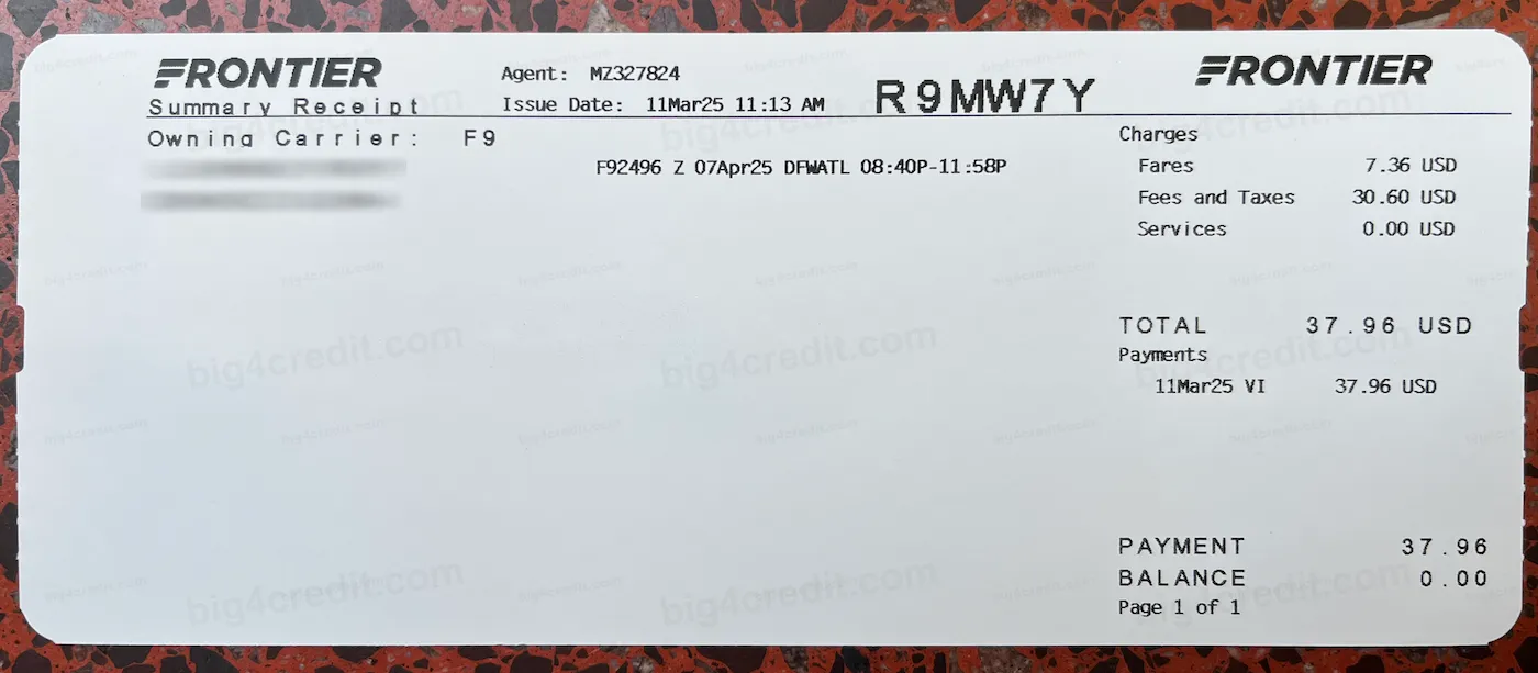 Frontier Airlines Summary Receipt