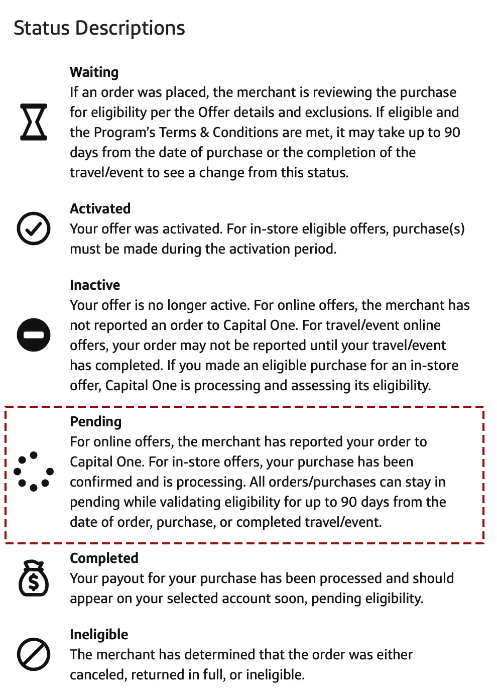 Screenshot of Capital One Offers status descriptions