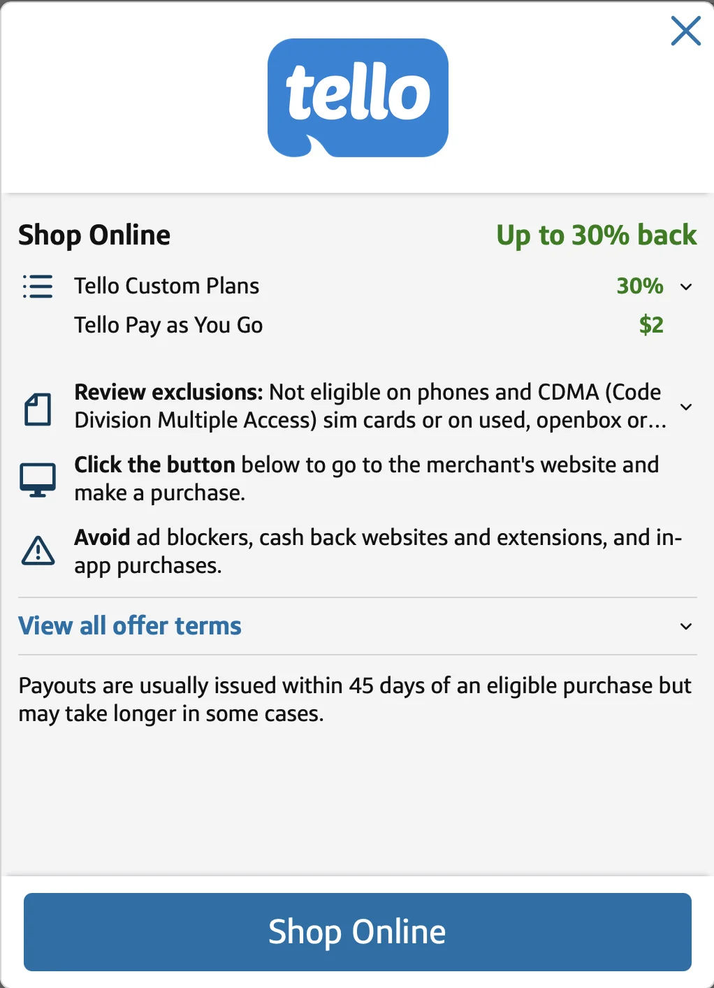 Screenshot of Capital One Offer for Tello: Up to 30% cash back