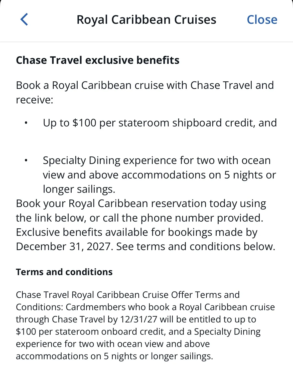 Voyages by Chase Travel℠: cruise rewards and perks (Chase mobile app screenshot)