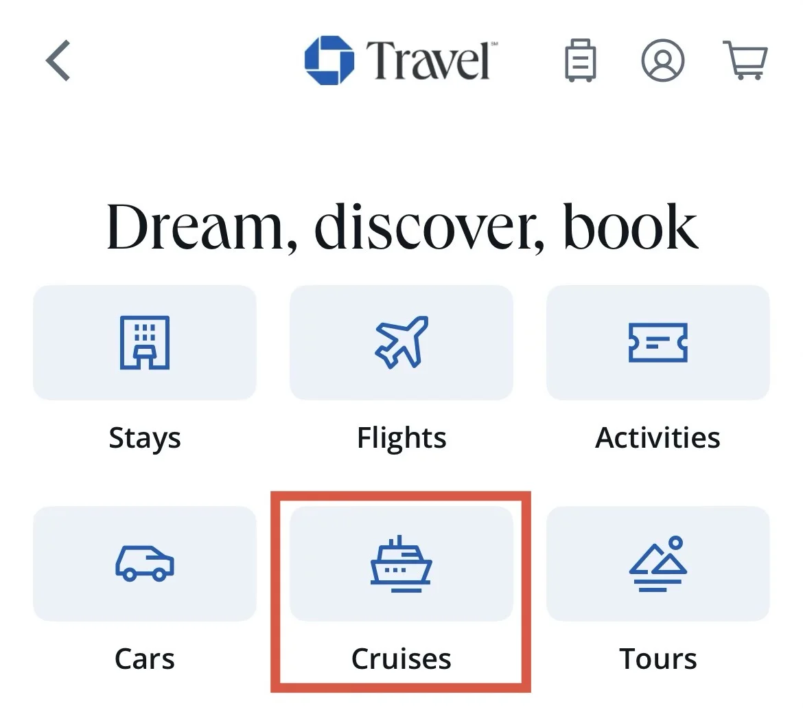 Cruise bookings earn 5X points through Chase Travel℠ (Chase mobile app screenshot)
