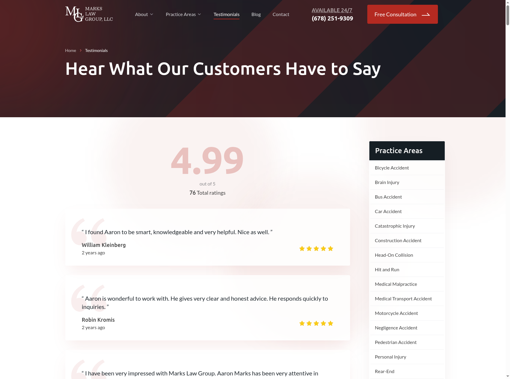 Página de testimonios de Marks Law Group