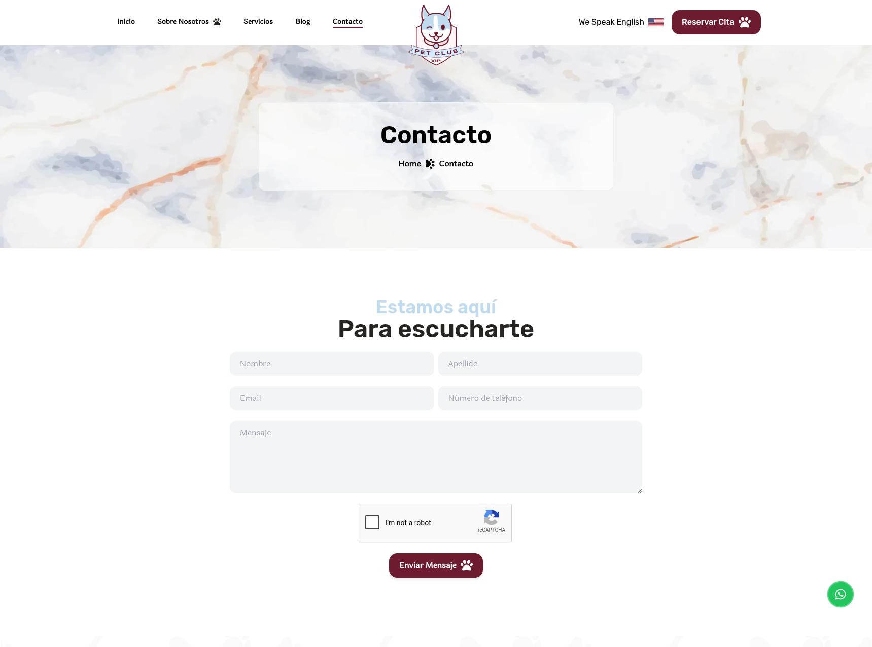 Página de contacto de Pet Club VIP