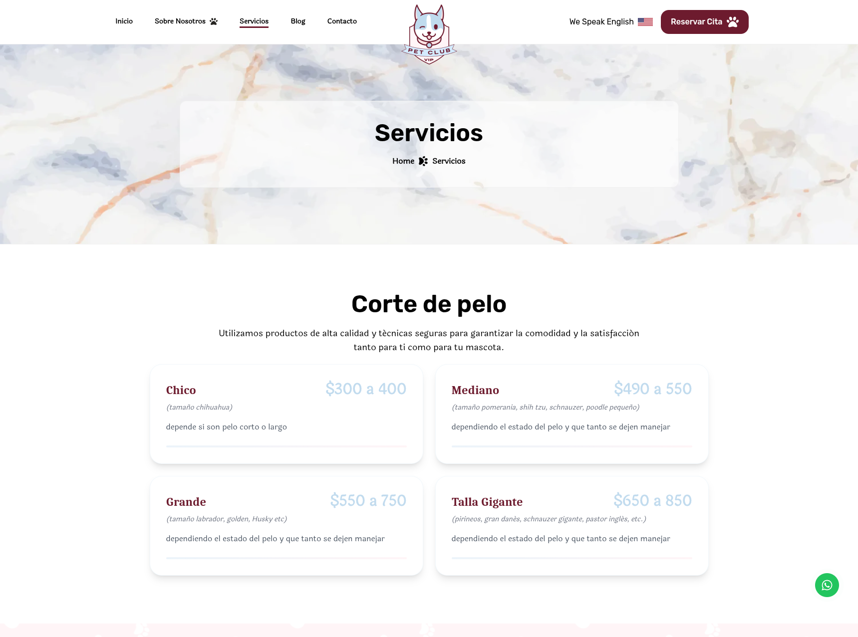 Página de servicios de Pet Club VIP