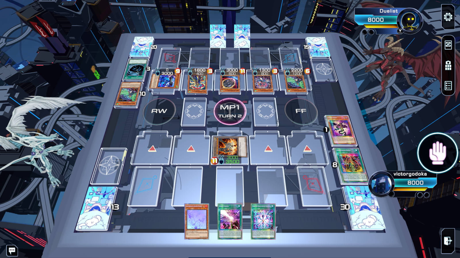 A duel in progress on the YGO Omega client at turn 2, both players on 8000 Life Points