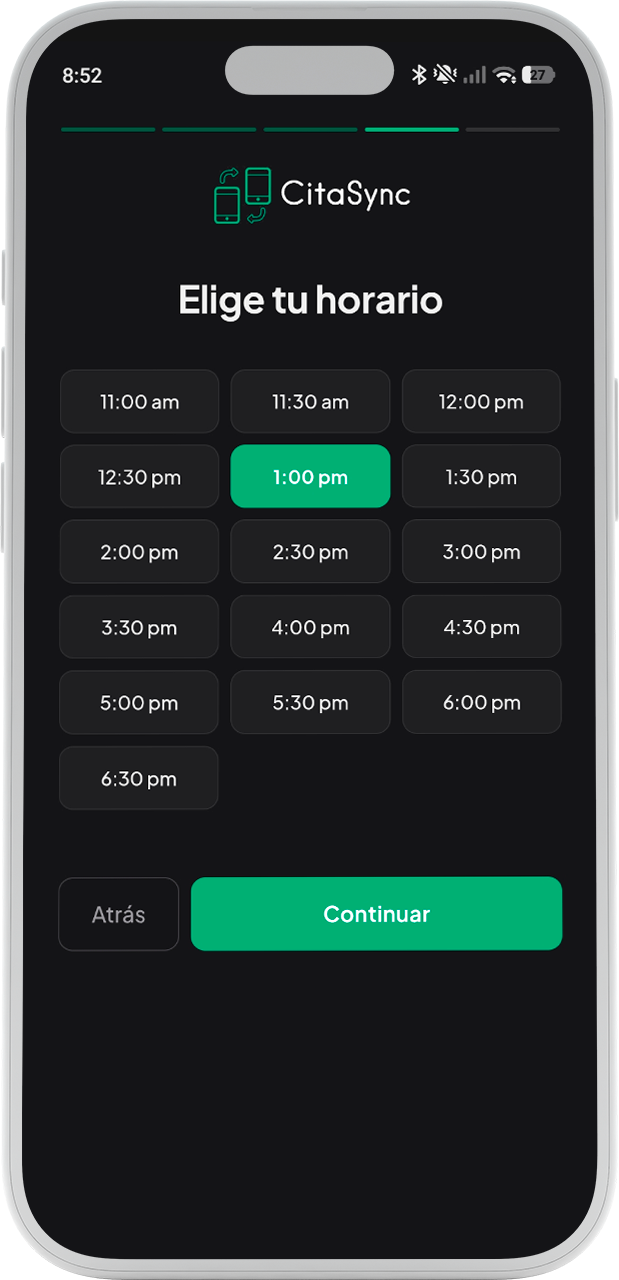 Pantalla de agenda para clientes