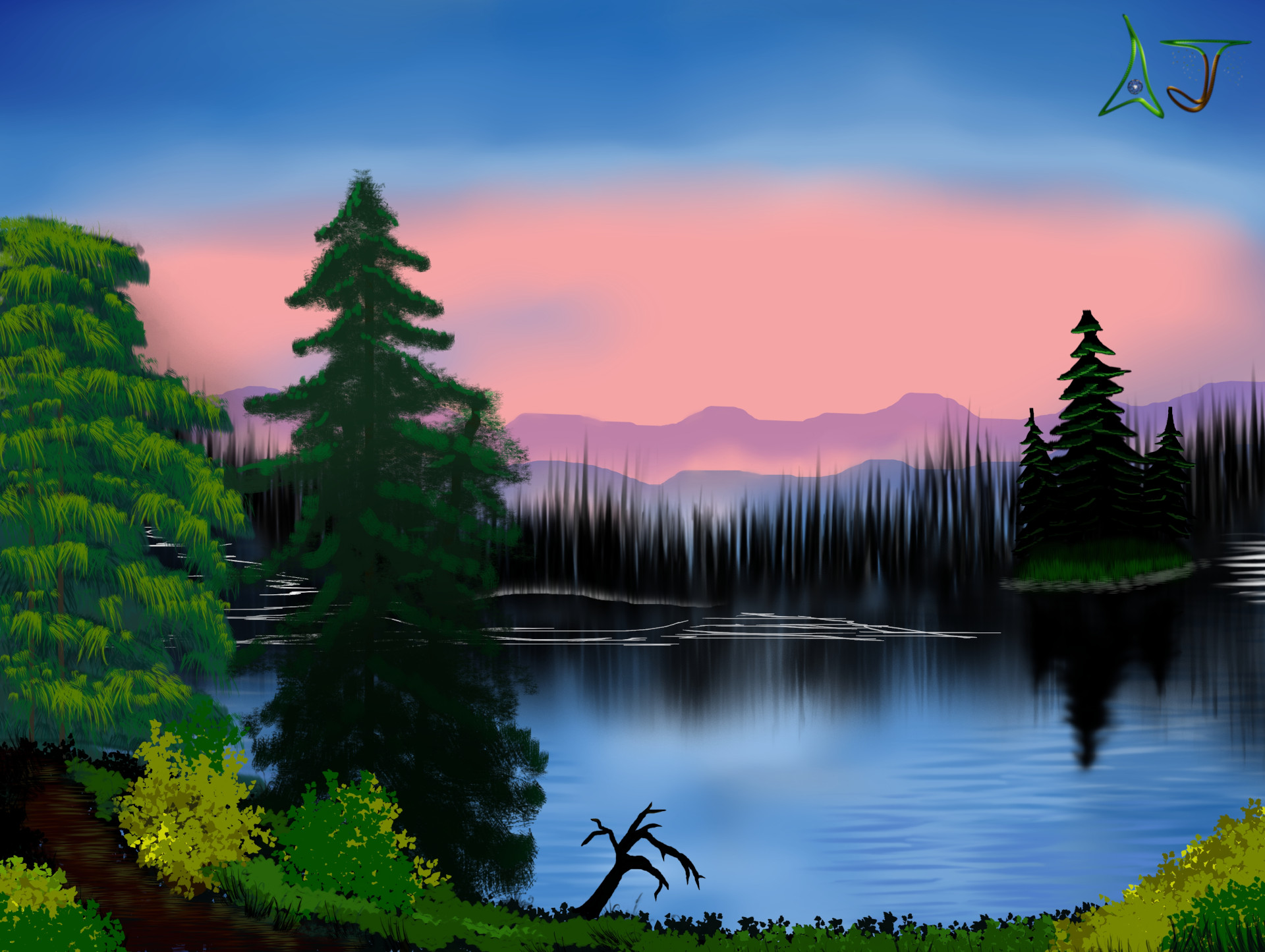 Art Gallery - Tranquil Bob Ross-style painting of a lake and mountains