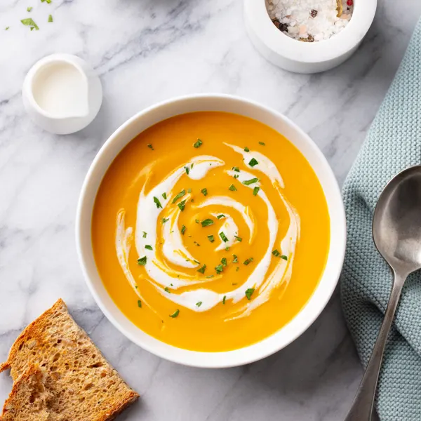 Potage à la courge butternut, épices douces et lait de coco