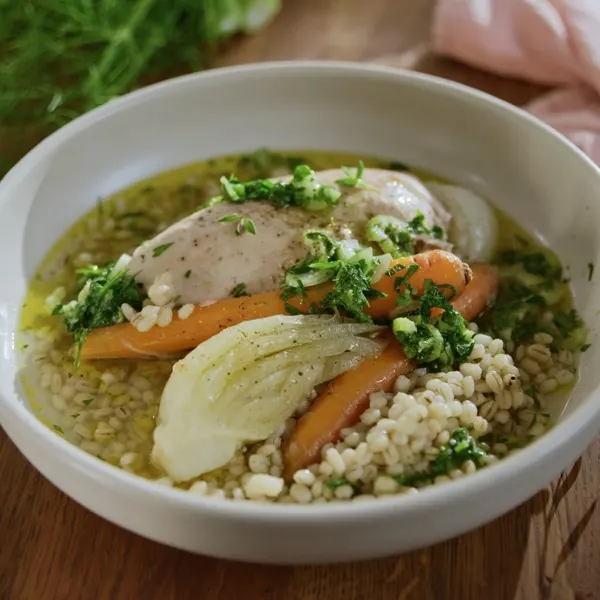 Poulet poché et bouillon au fenouil