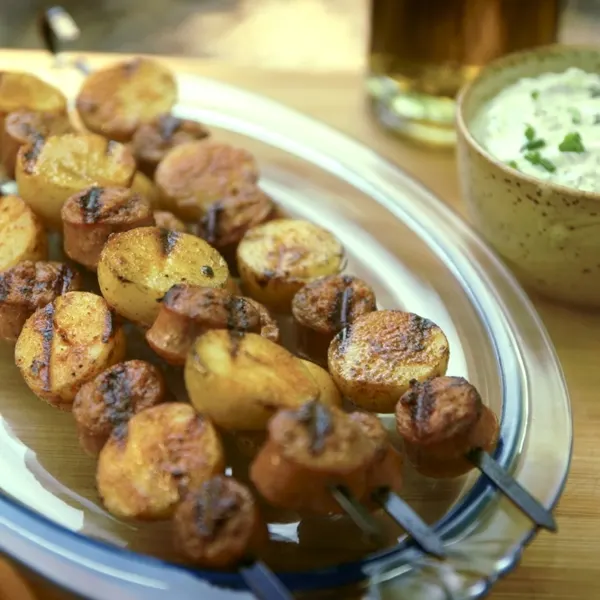 Brochettes de pommes de terre et saucisses, sauce ranch