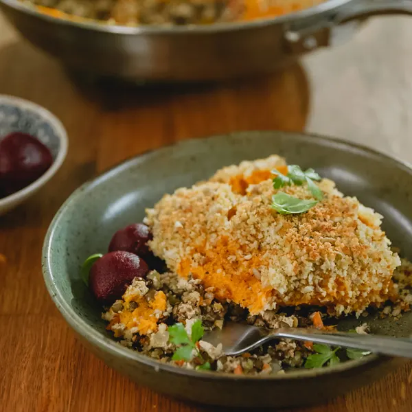 Parmentier de patates douces, champignons et lentilles