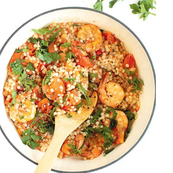 Couscous israélien aux crevettes « one pot »