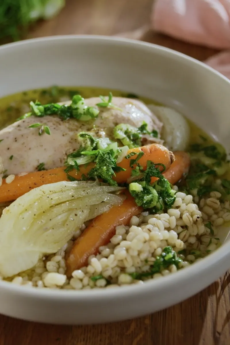 Poulet poché et bouillon au fenouil