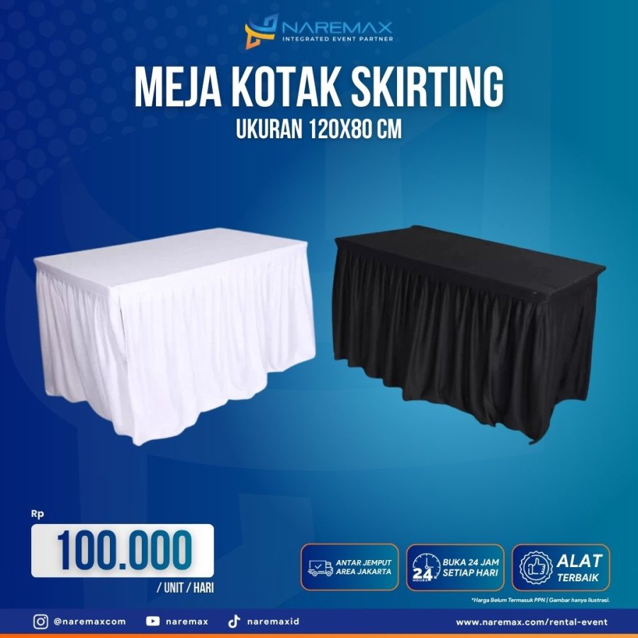 Meja Kotak Skirting 120x80 cm — sewa di NAREMAX Sewa Meja Kotak Skirting 120x80 cm (Furniture) untuk event di Jakarta — NAREMAX