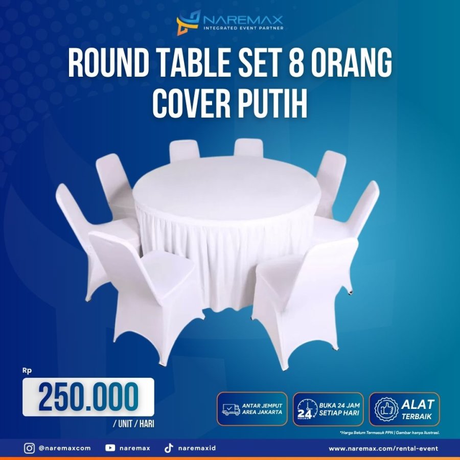 Round Table Set 8 Orang Cover Putih — sewa di NAREMAX Sewa Round Table Set 8 Orang Cover Putih (Furniture) untuk event di Jakarta — NAREMAX