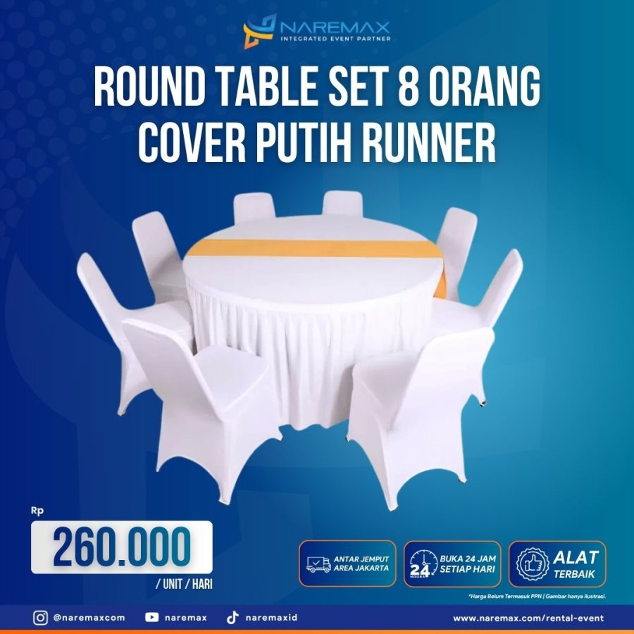 Round Table Set 8 Orang Cover Putih + Runner — sewa di NAREMAX Sewa Round Table Set 8 Orang Cover Putih + Runner (Furniture) untuk event di Jakarta — NAREMAX