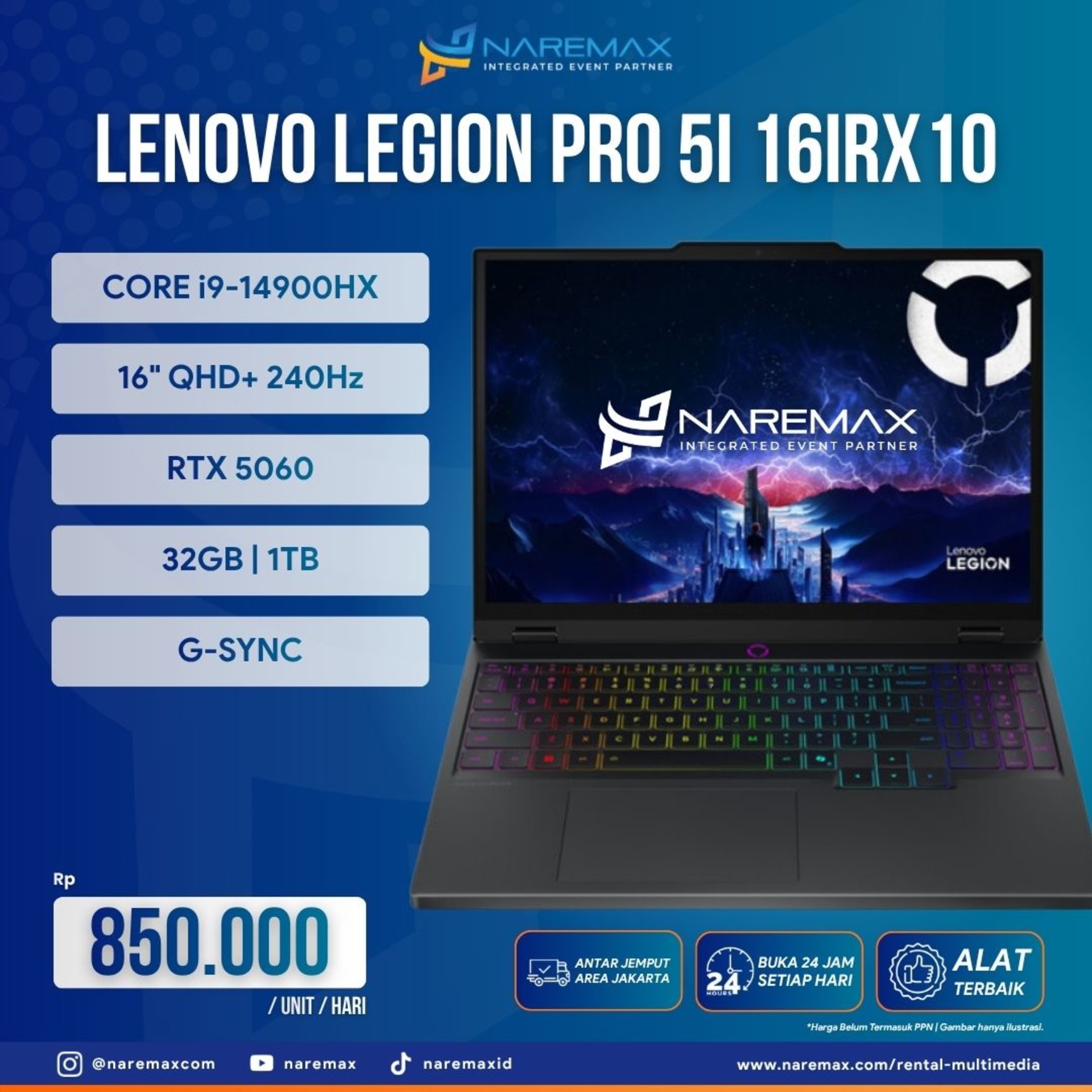 Lenovo Legion Pro 5i 16IRX — sewa di NAREMAX Sewa Lenovo Legion Pro 5i 16IRX (Laptop) untuk event di Jakarta — NAREMAX