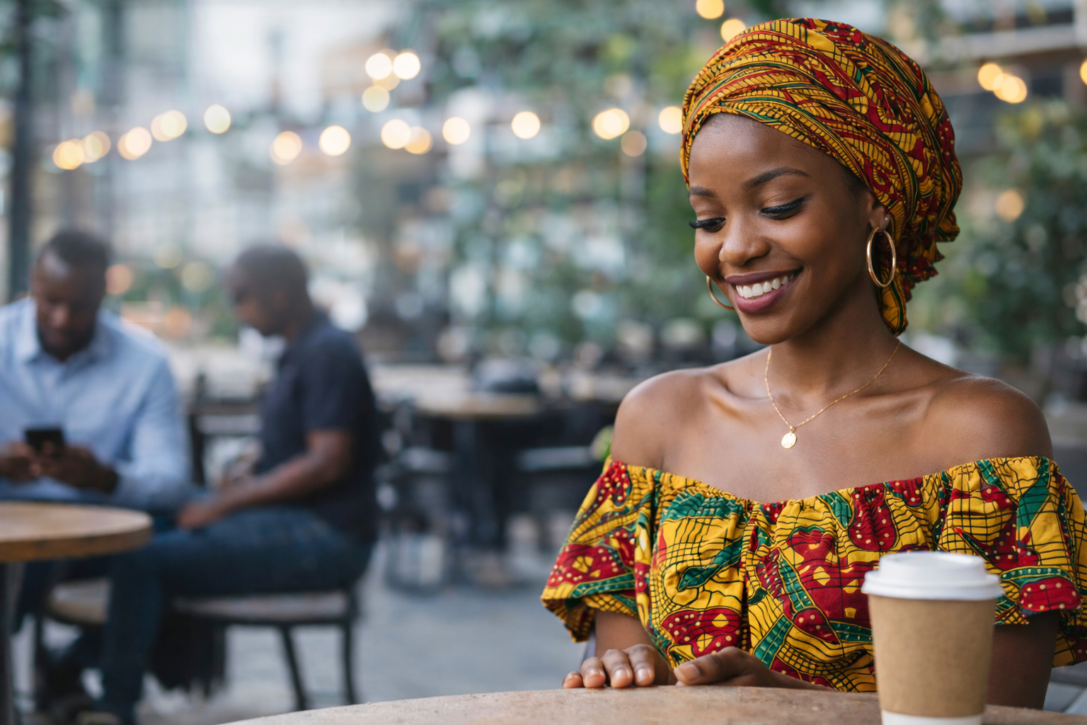African woman using Rechargify mobile banking app on smartphone