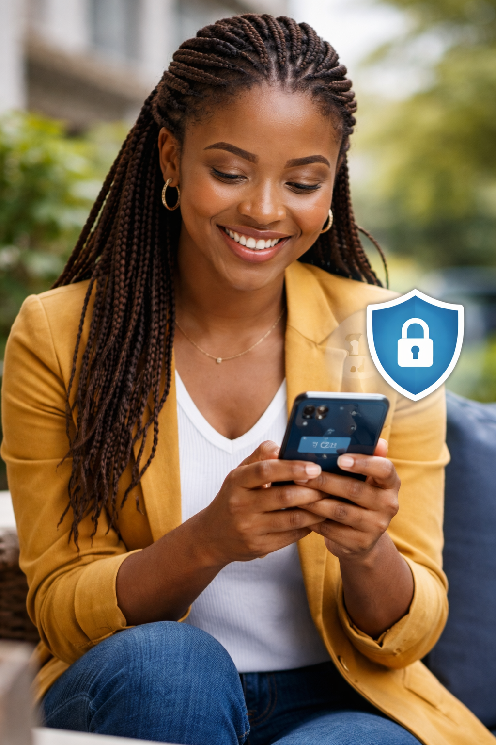 African woman confidently using secure mobile banking