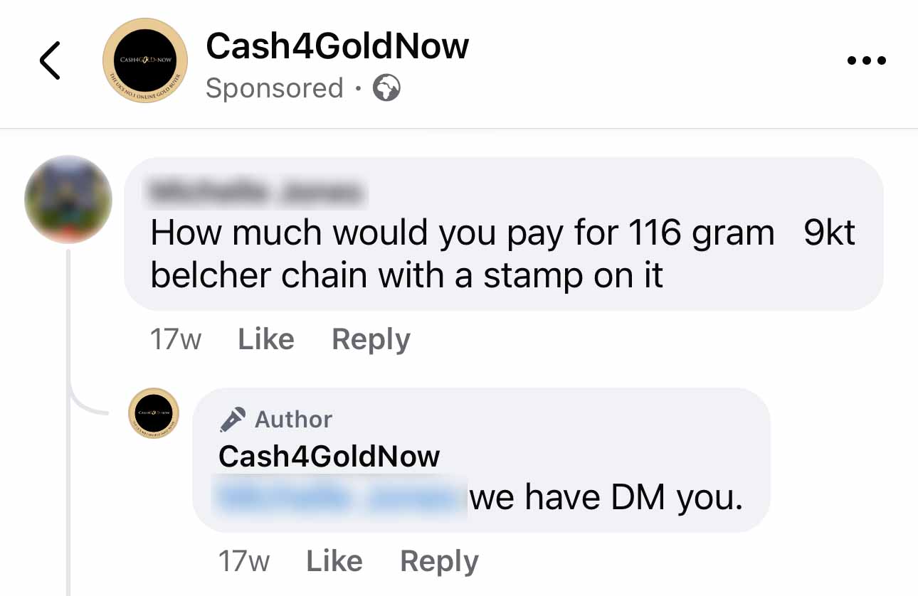 Facebook question to a Cash4Gold buyer