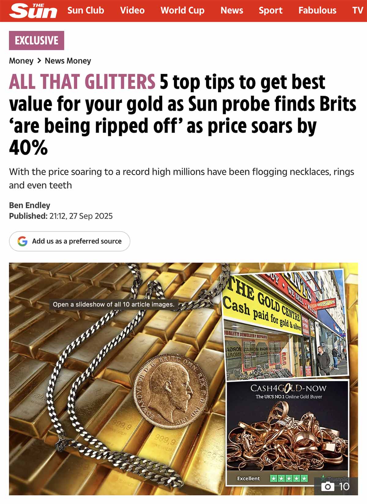 Screenshot of The Sun on Sunday's gold selling investigation