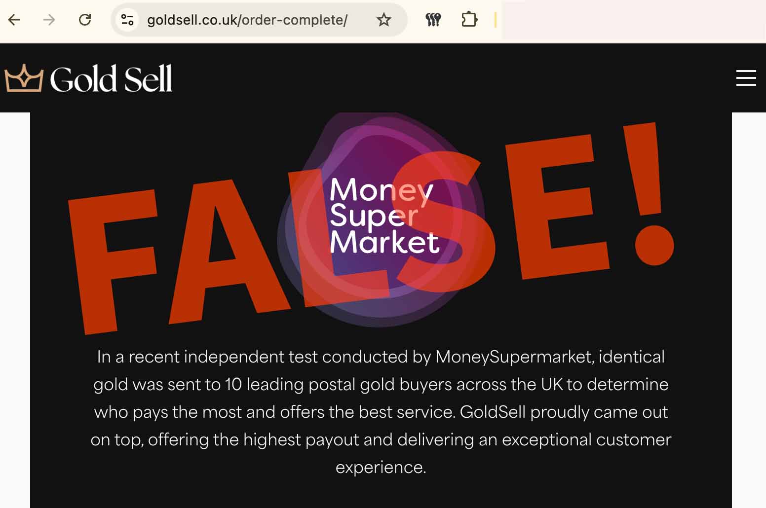 GoldSell order confirmation page showing a MoneySupermarket badge and the independent test claim