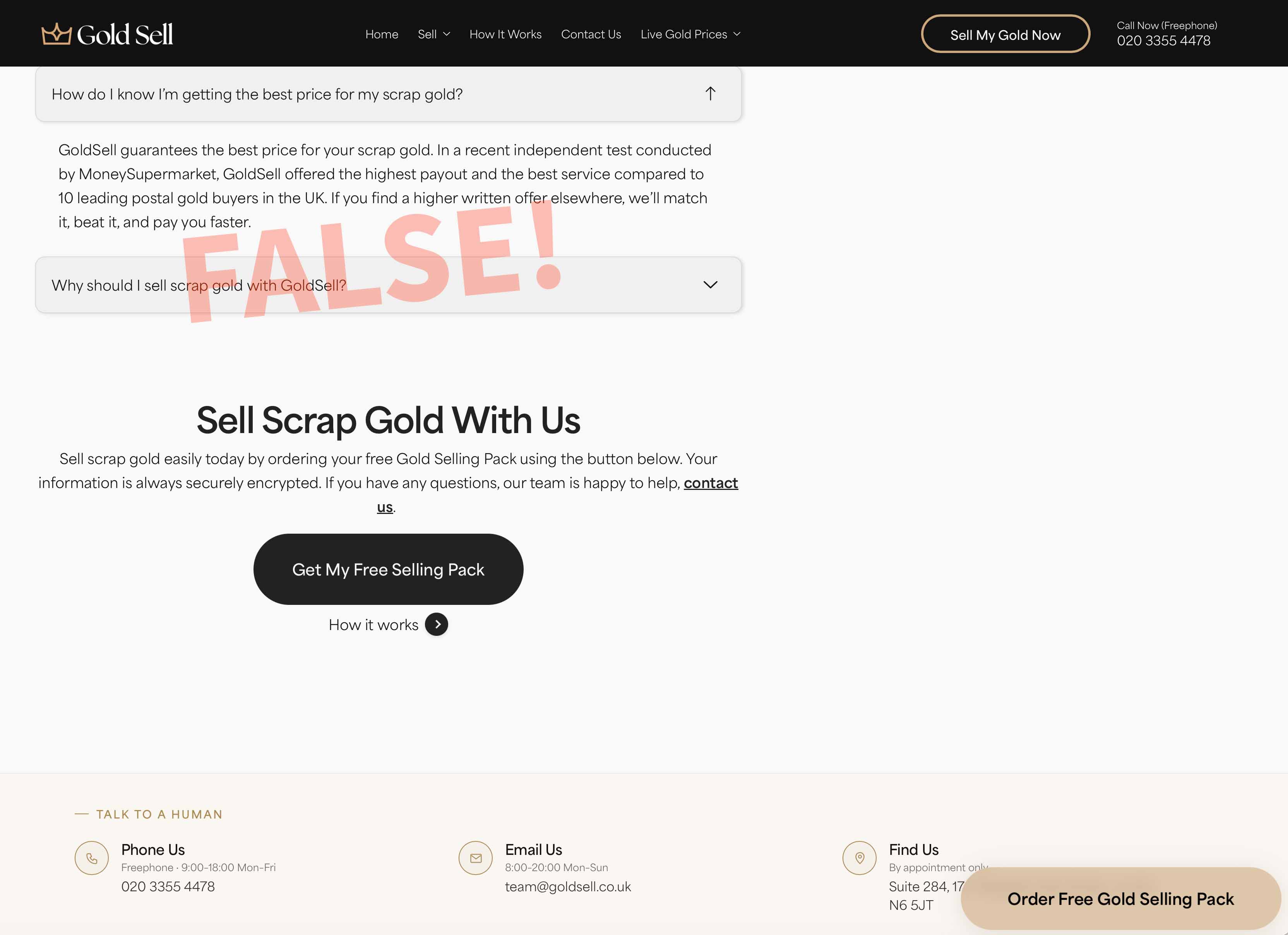 GoldSell FAQ still displaying the false MoneySupermarket independent test claim