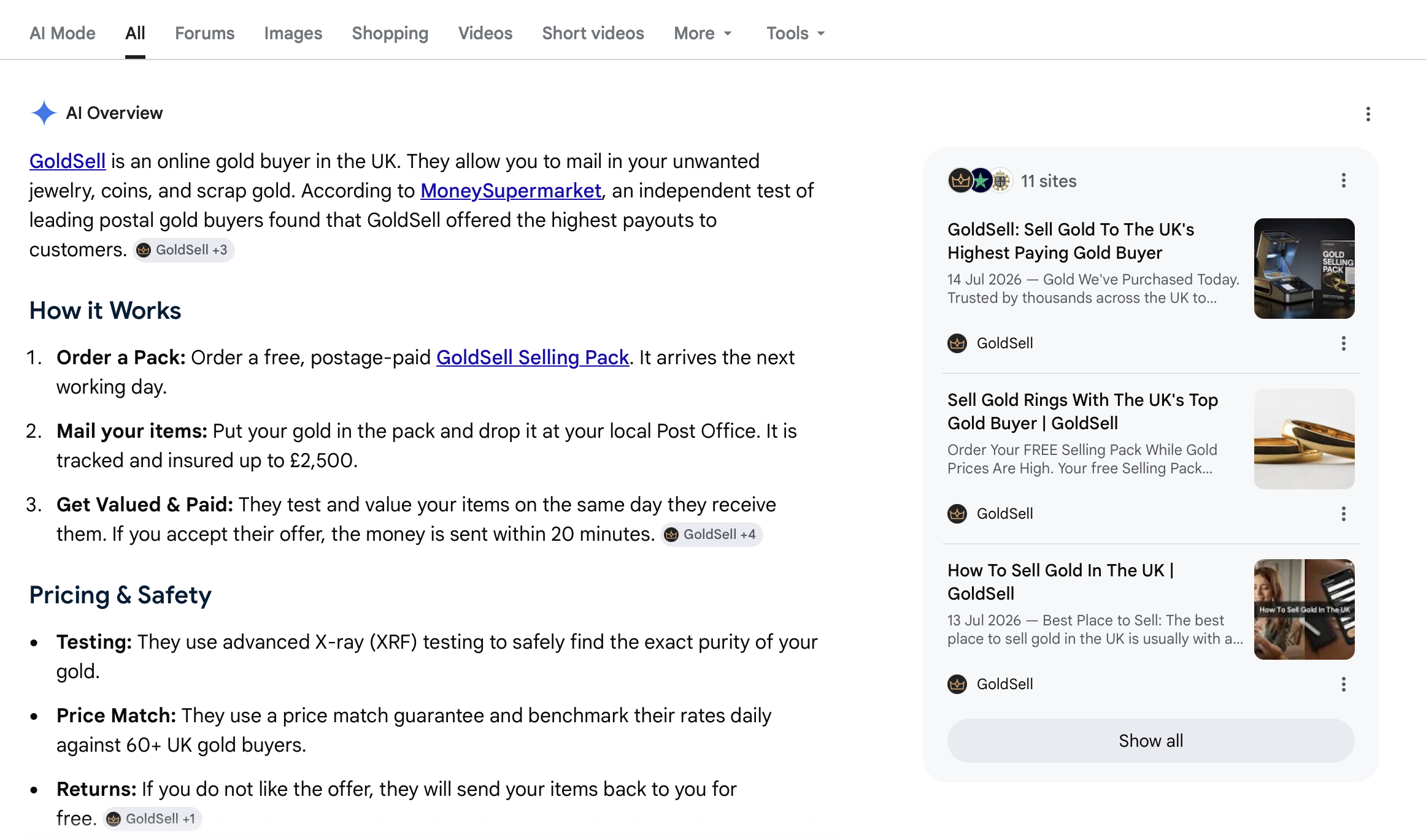 Google AI Overview repeating GoldSell's MoneySupermarket test claim as fact