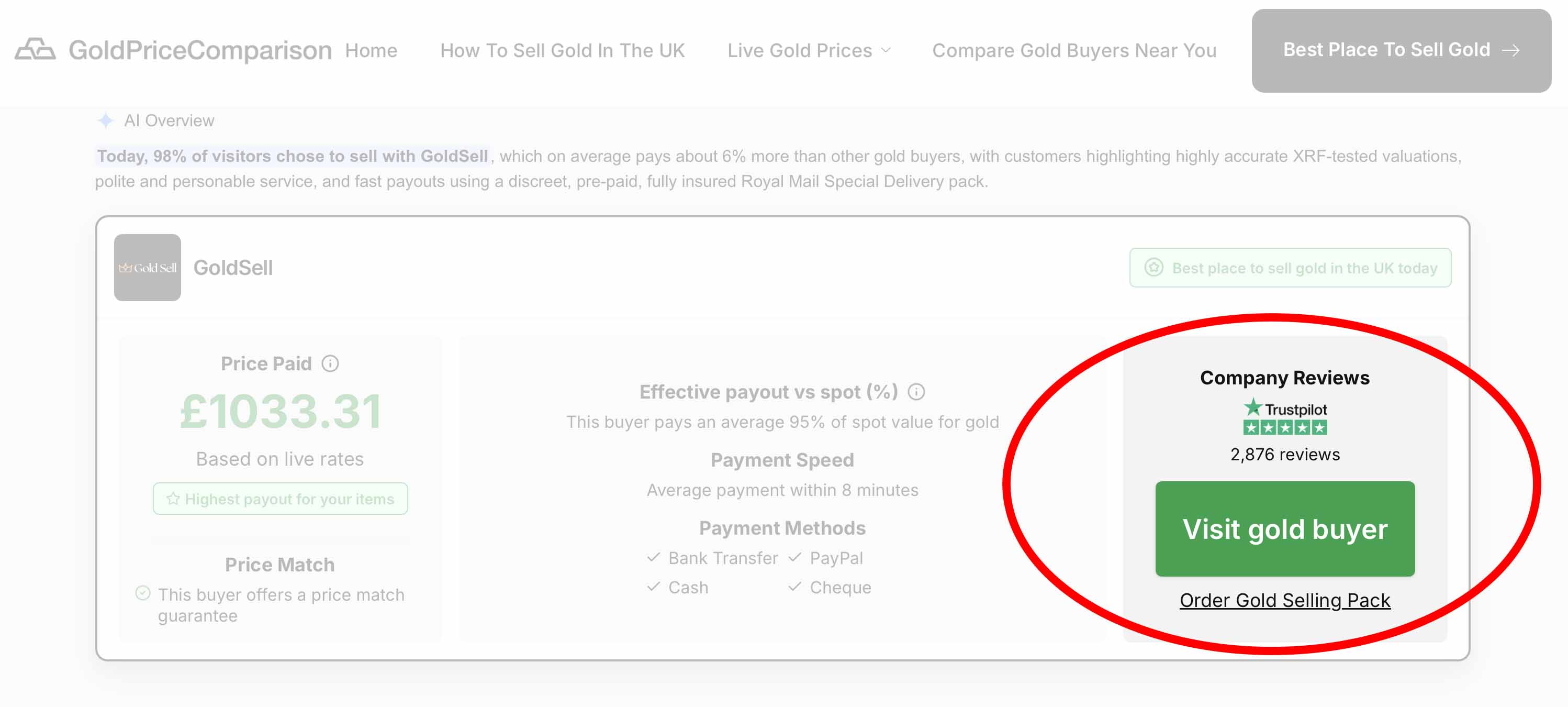 GoldPriceComparison reporting a fake Trustpilot score for GoldSell