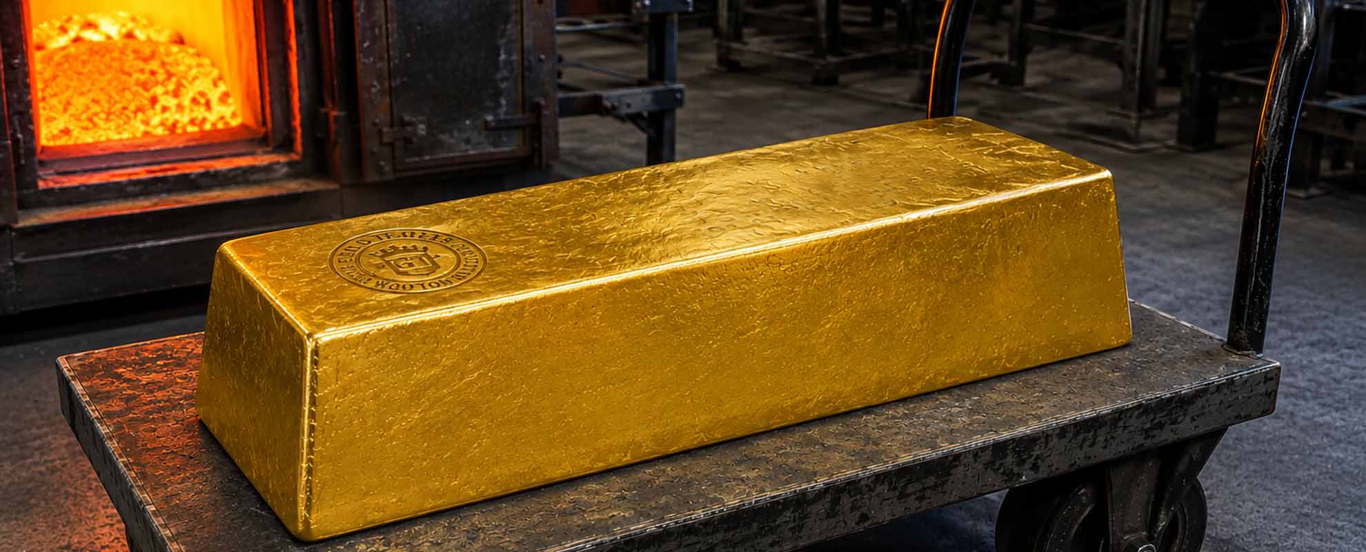 A huge gold bar on an industrial trolley