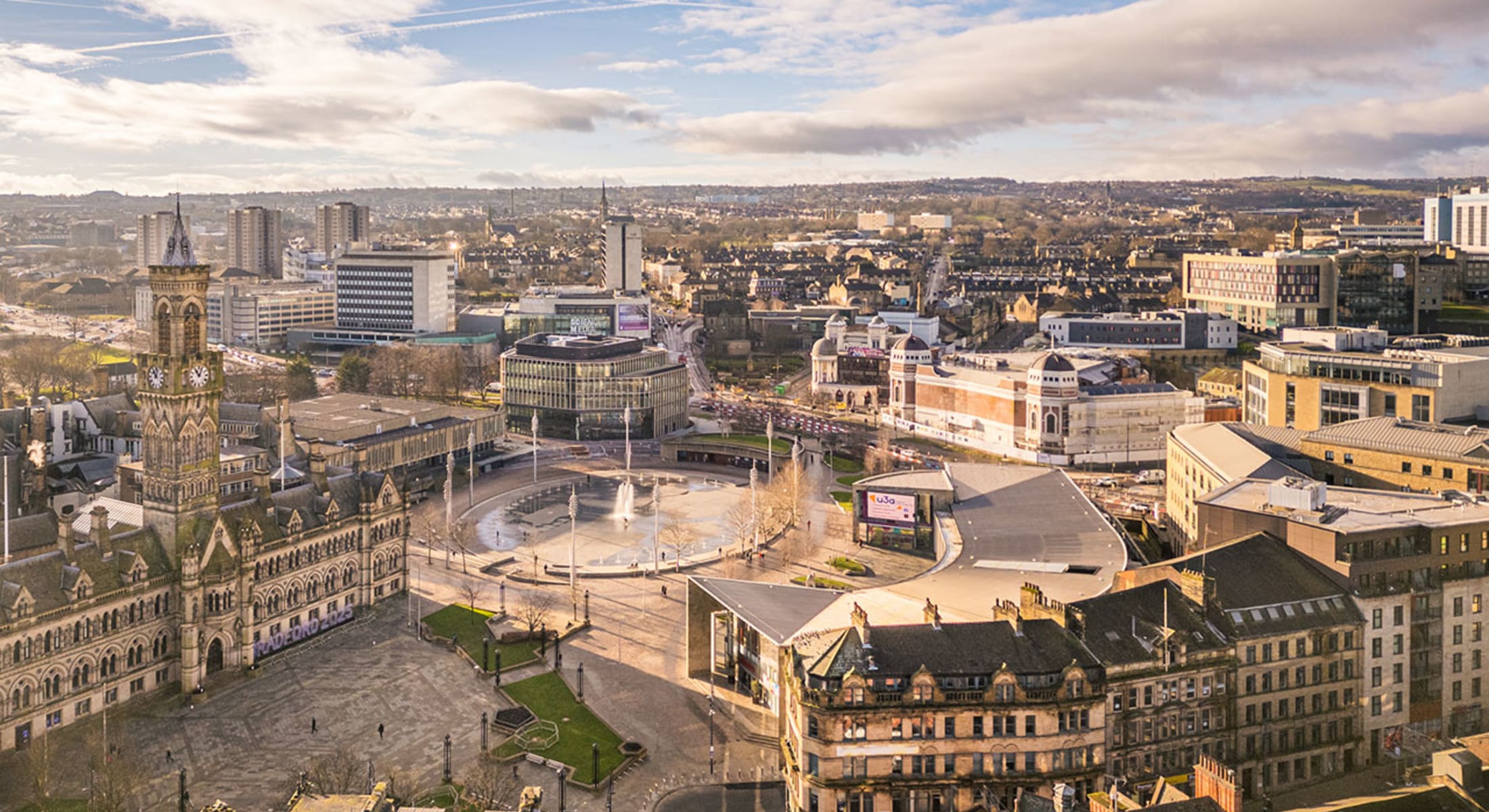Aerial view of Bradford city centre including town hall