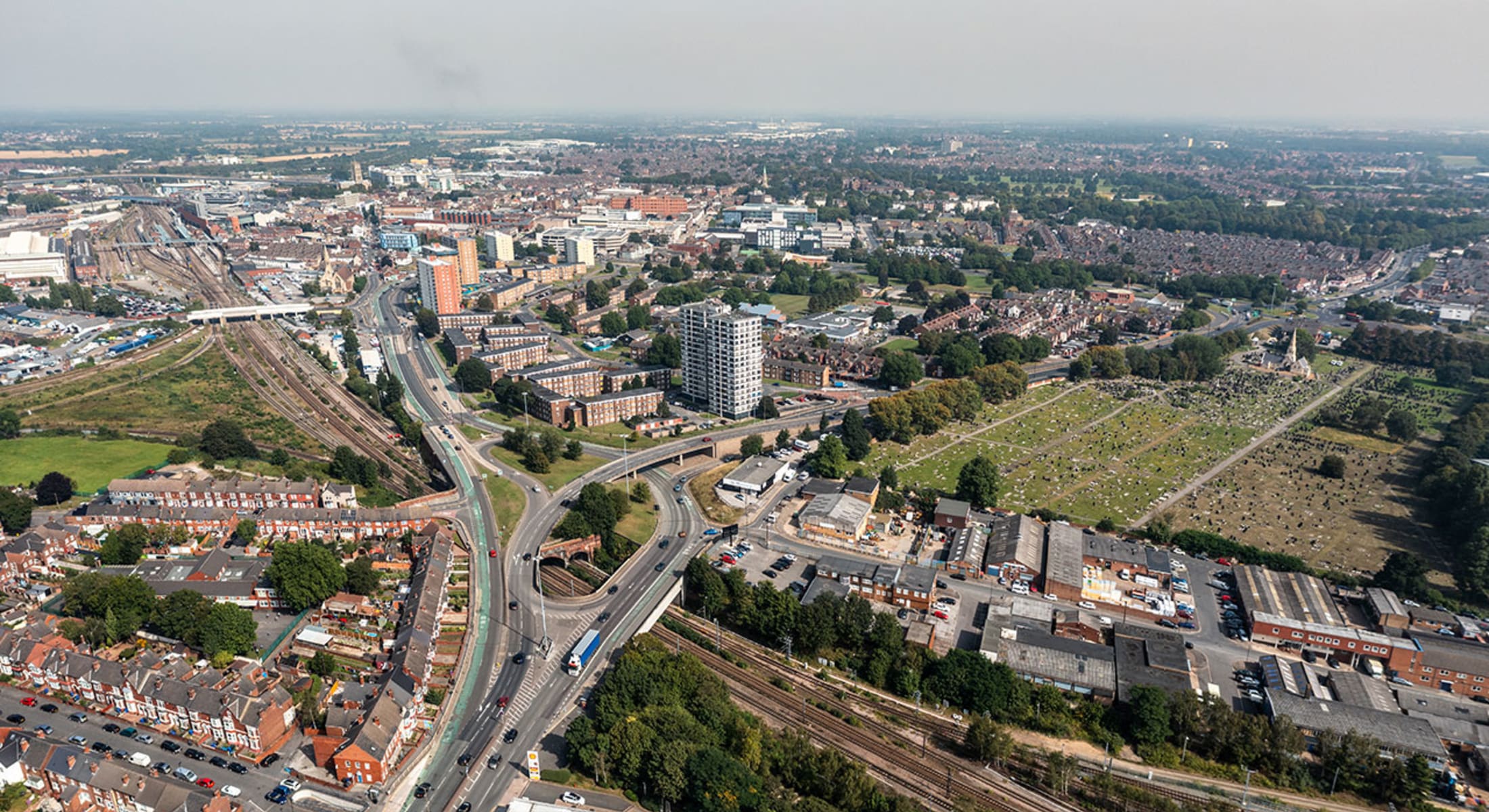 Aerial view of Doncaster cityscape